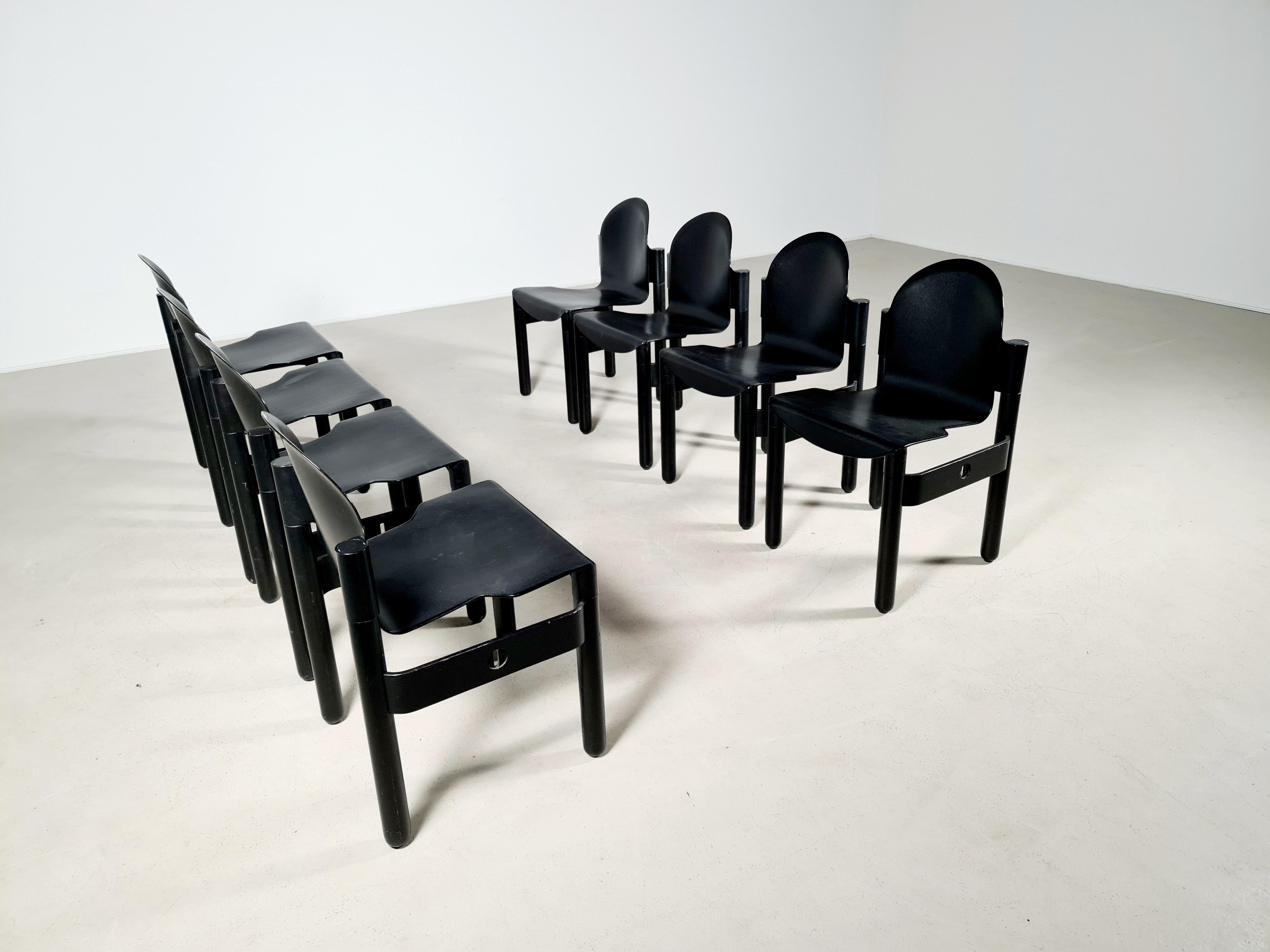 Set of 8 chairs designed by Gert De Lange and made by Thornet, the chair was call ''The Flex'' chair and was awarded the 'Gute Form' price in 1969, black beech frame and black synthetic seat Manufacturer’s mark. Lovely original very comfortable