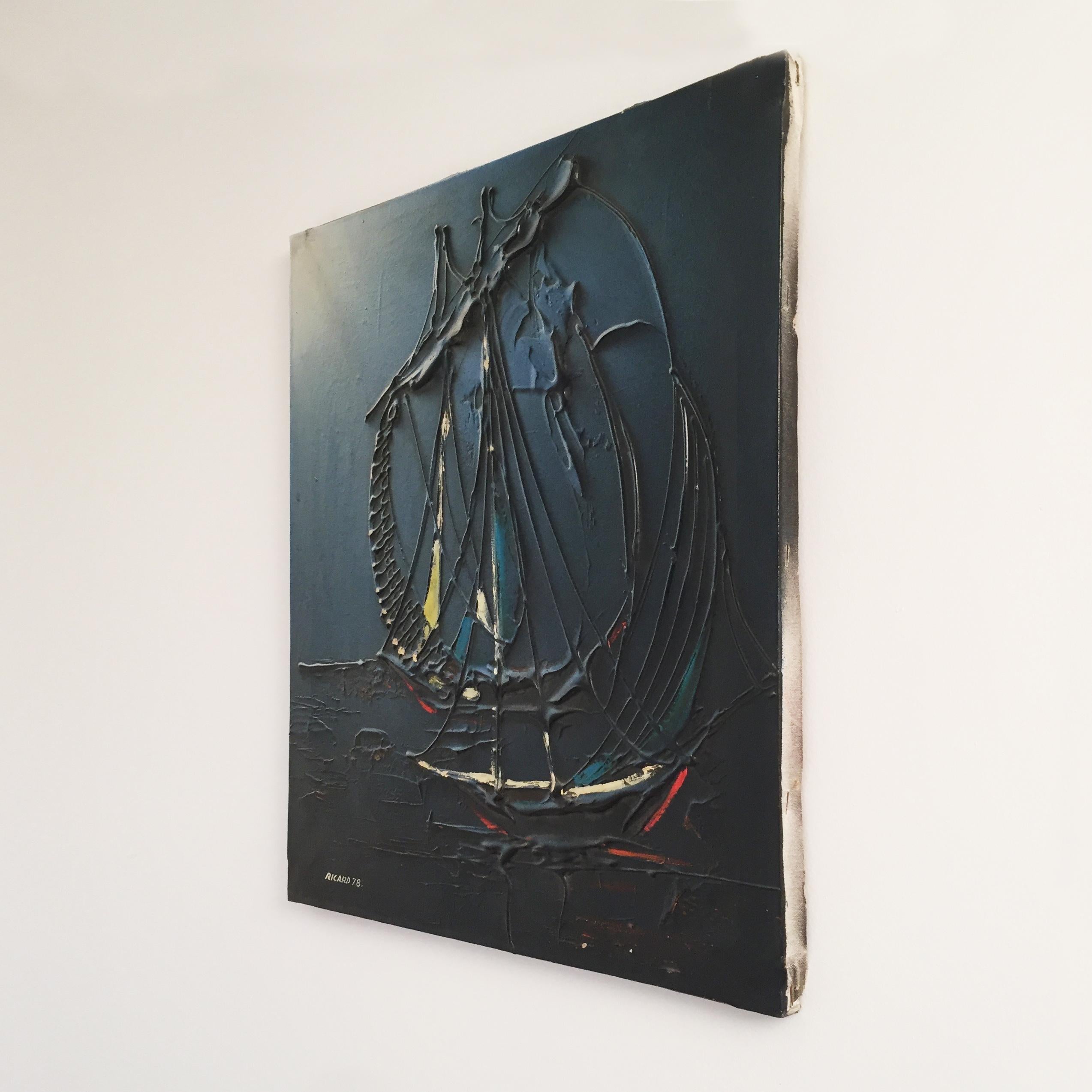 Alluring acrylic on canvas painting of an abstract ship in the night, with deep blue and black hues. The acrylic paint is embossed in places, giving it a depth of texture. Signed 
