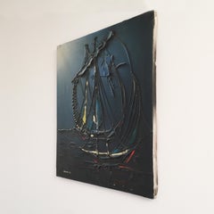 1970s Vintage "Ricard '78" Nautical Oil on Canvas Wall Modern Painting Sea Ship
