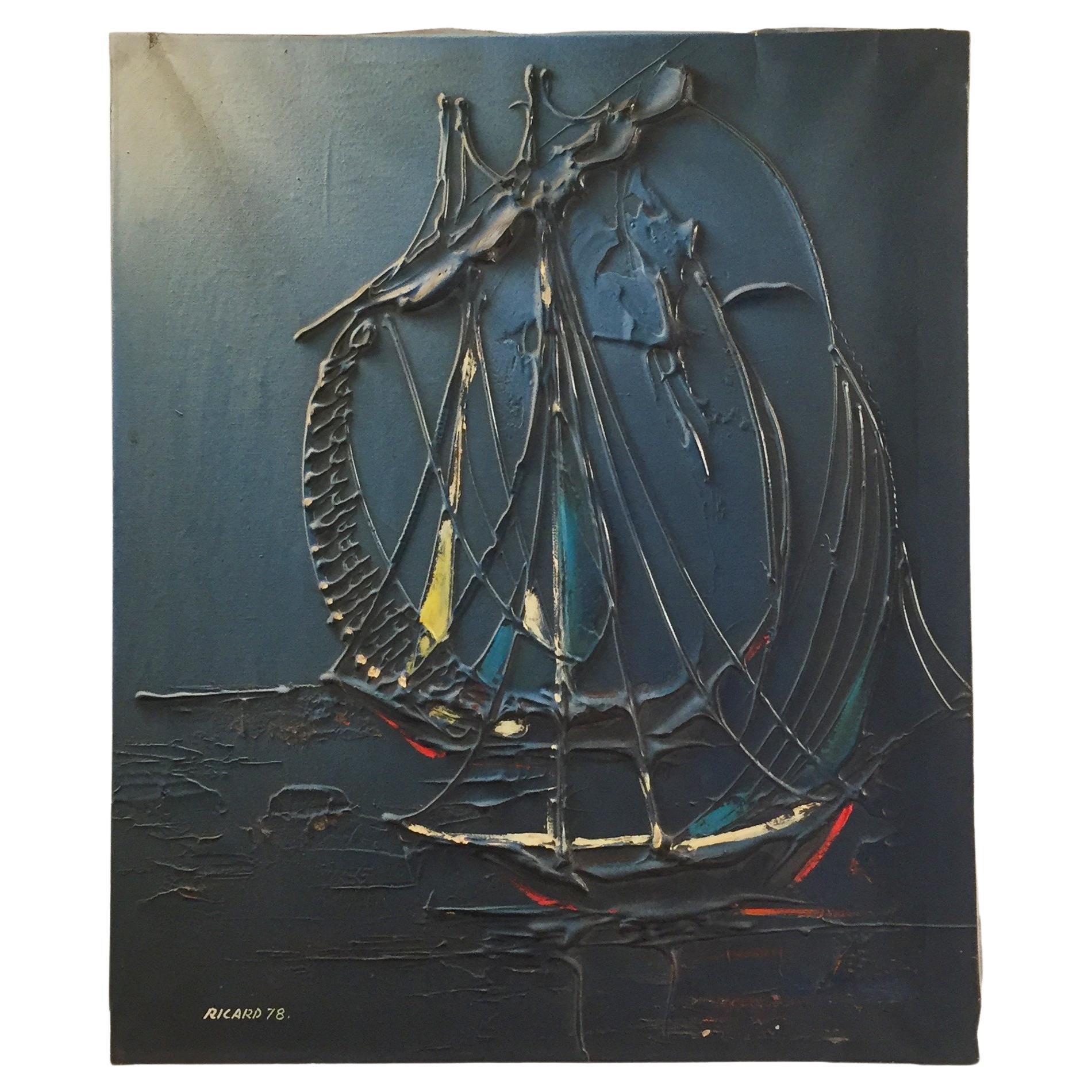 1970s Vintage "Ricard '78" Nautical Oil on Canvas Wall Modern Painting Sea Ship For Sale