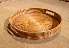 1970s Vintage Round Woven Rattan Tray with Handles