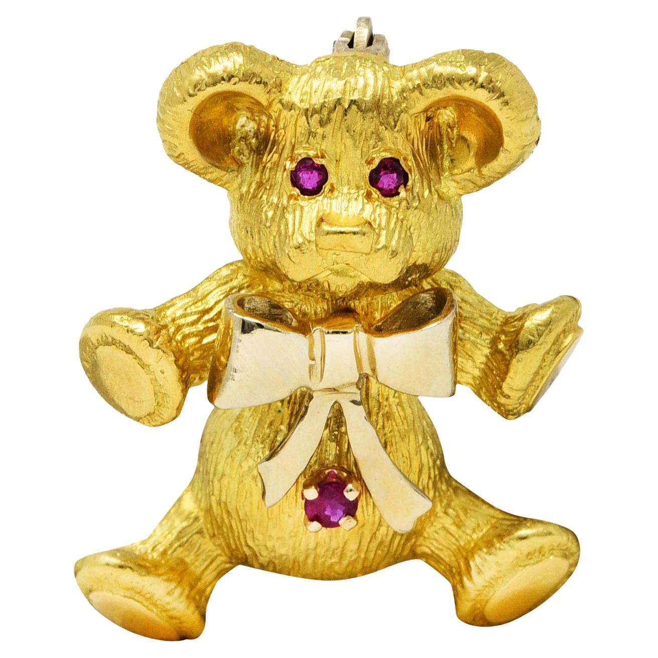 Sapphire Ruby Gold Teddy Bear Brooch at 1stDibs