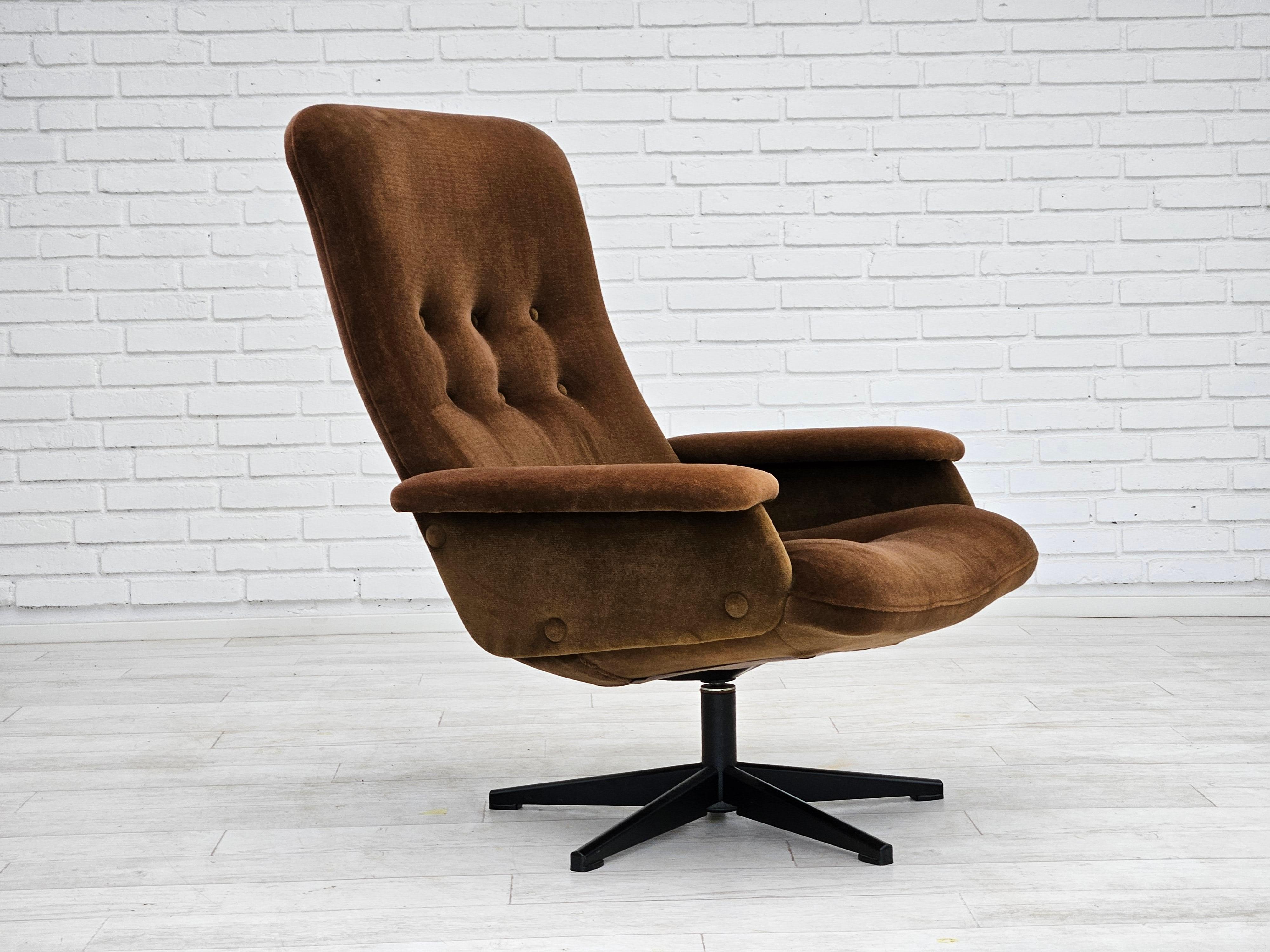 1970s, Scandinavian design. Swivel chair five-star base. Dark brown velour. Original very good condition: no smells and no stains. Manufactured by Swedish or Danish furniture manufacturer in about 1970s.