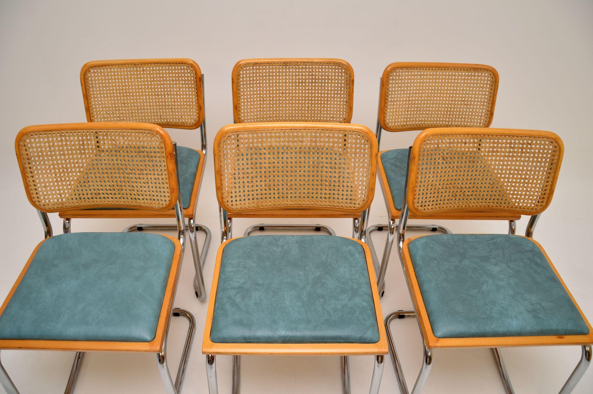 A stylish and iconic set of six vintage ‘Cesca’ dining chairs, originally designed by Marcel Breuer in the 1920’s. These were made in Italy, they date from around the 1970’s.

They are extremely well made, and are very comfortable, the cantilevered