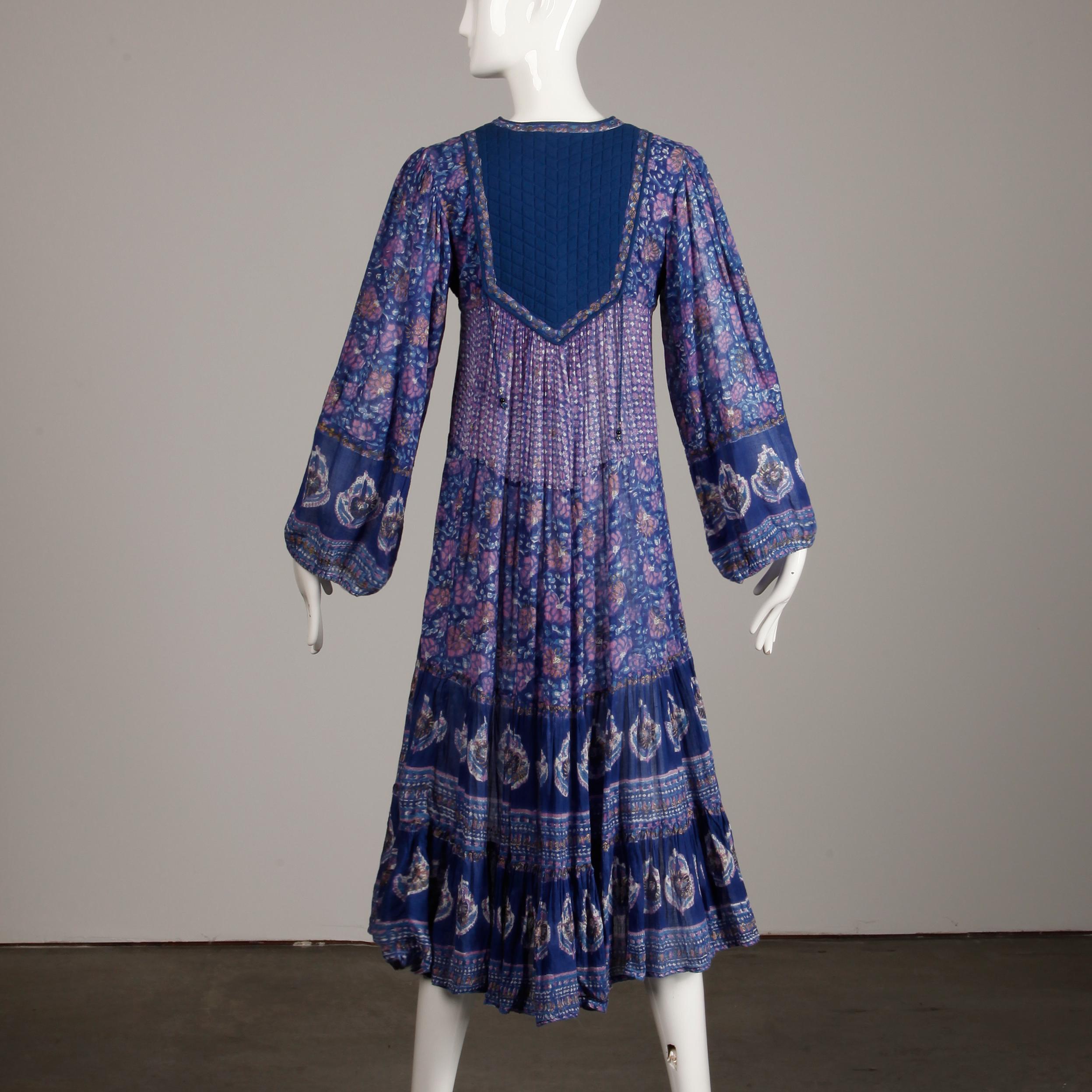 1970s Vintage Sheer Cotton Gauze Indian Blue Block Print Hippie Boho Dress 3