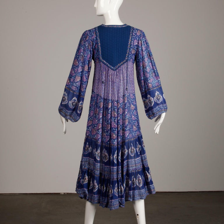 1970s Vintage Sheer Cotton Gauze Indian Blue Block Print Hippie Boho Dress at 1stDibs boho