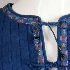 1970s Vintage Sheer Cotton Gauze Indian Blue Block Print Hippie Boho Dress