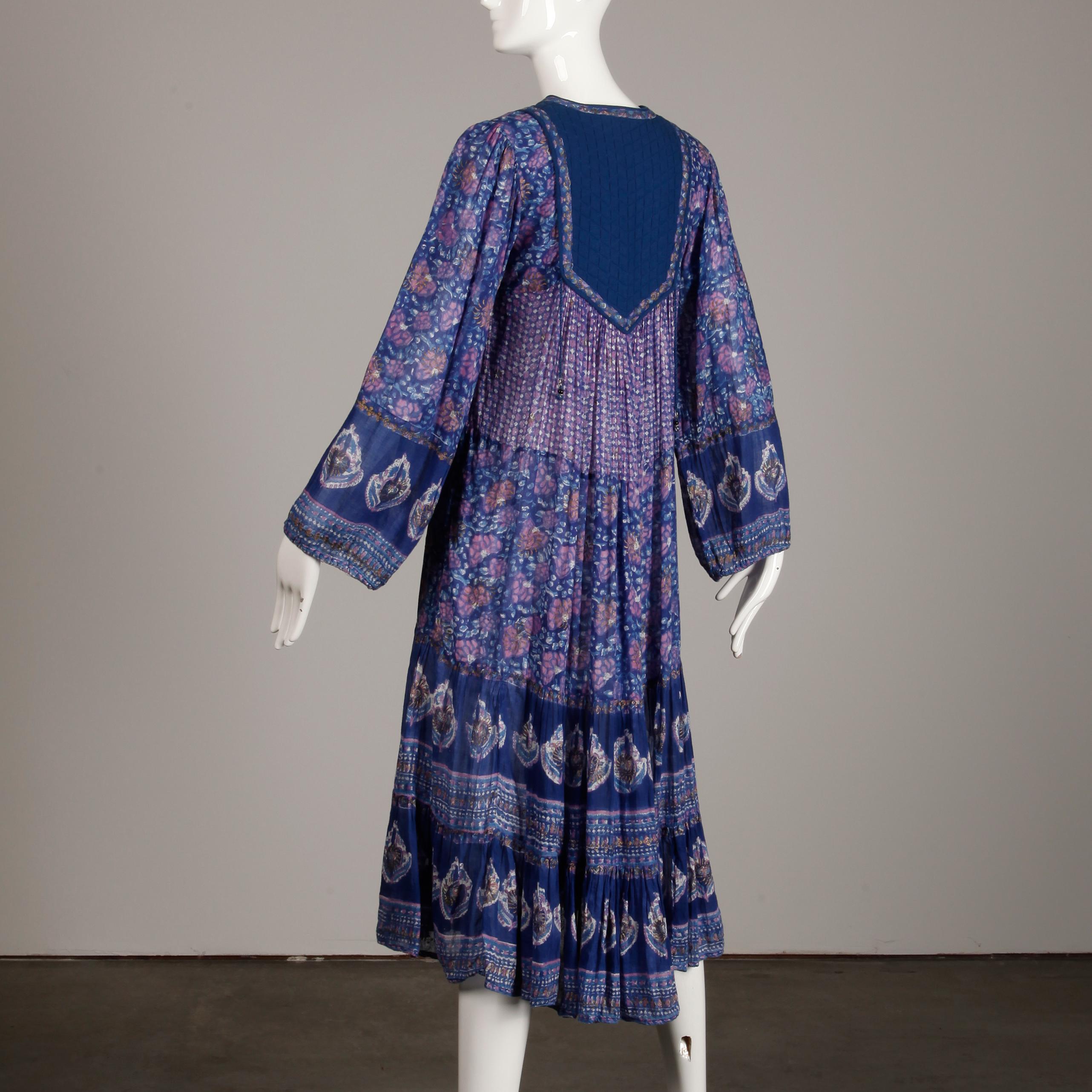 Women's 1970s Vintage Sheer Cotton Gauze Indian Blue Block Print Hippie Boho Dress