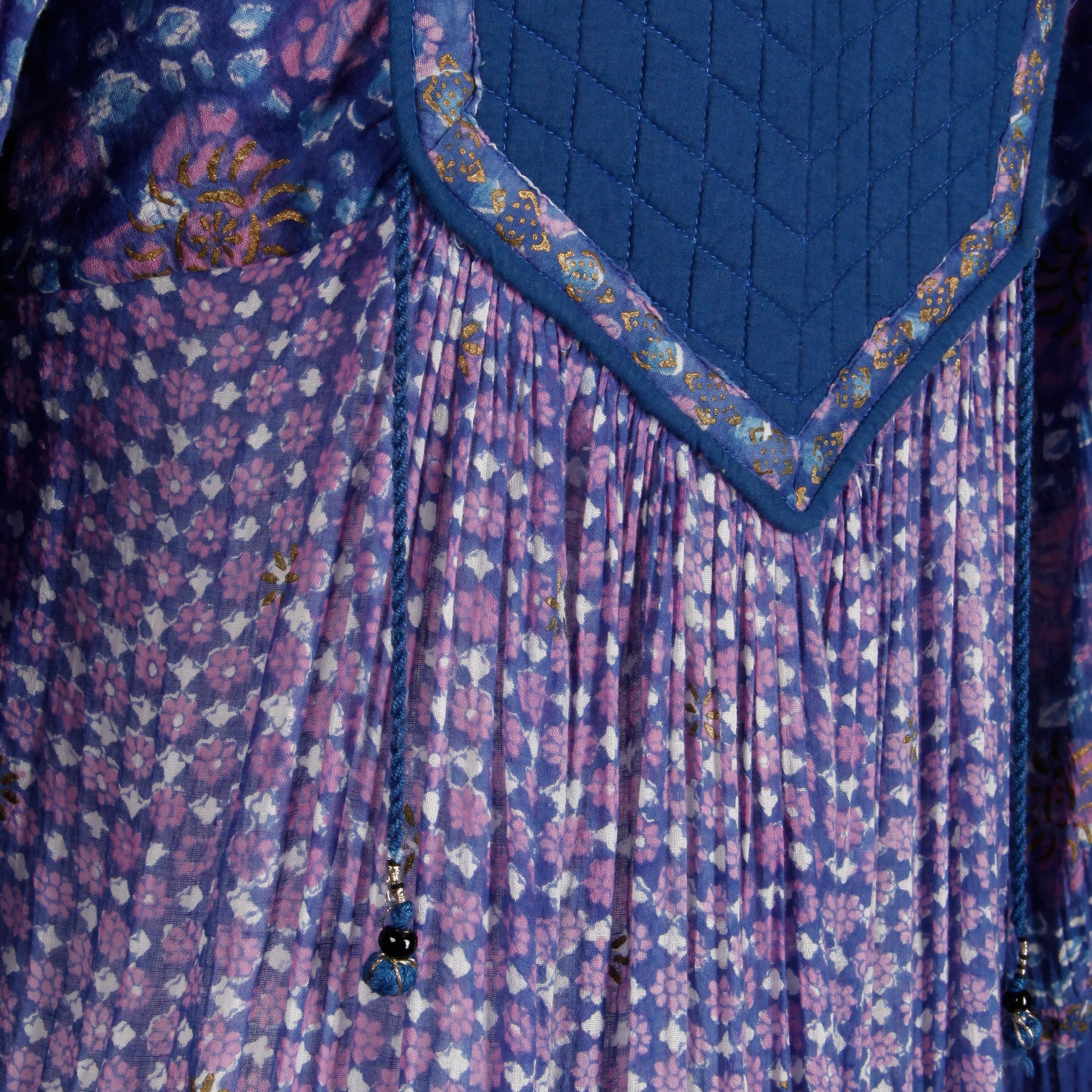 1970s Vintage Sheer Cotton Gauze Indian Blue Block Print Hippie Boho Dress 2