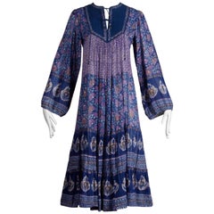 1970s Vintage Sheer Cotton Gauze Indian Blue Block Print Hippie Boho Dress