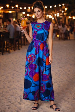 1970s Vintage Silk Floral Palazzo Jumpsuit with Belt by Don Brown