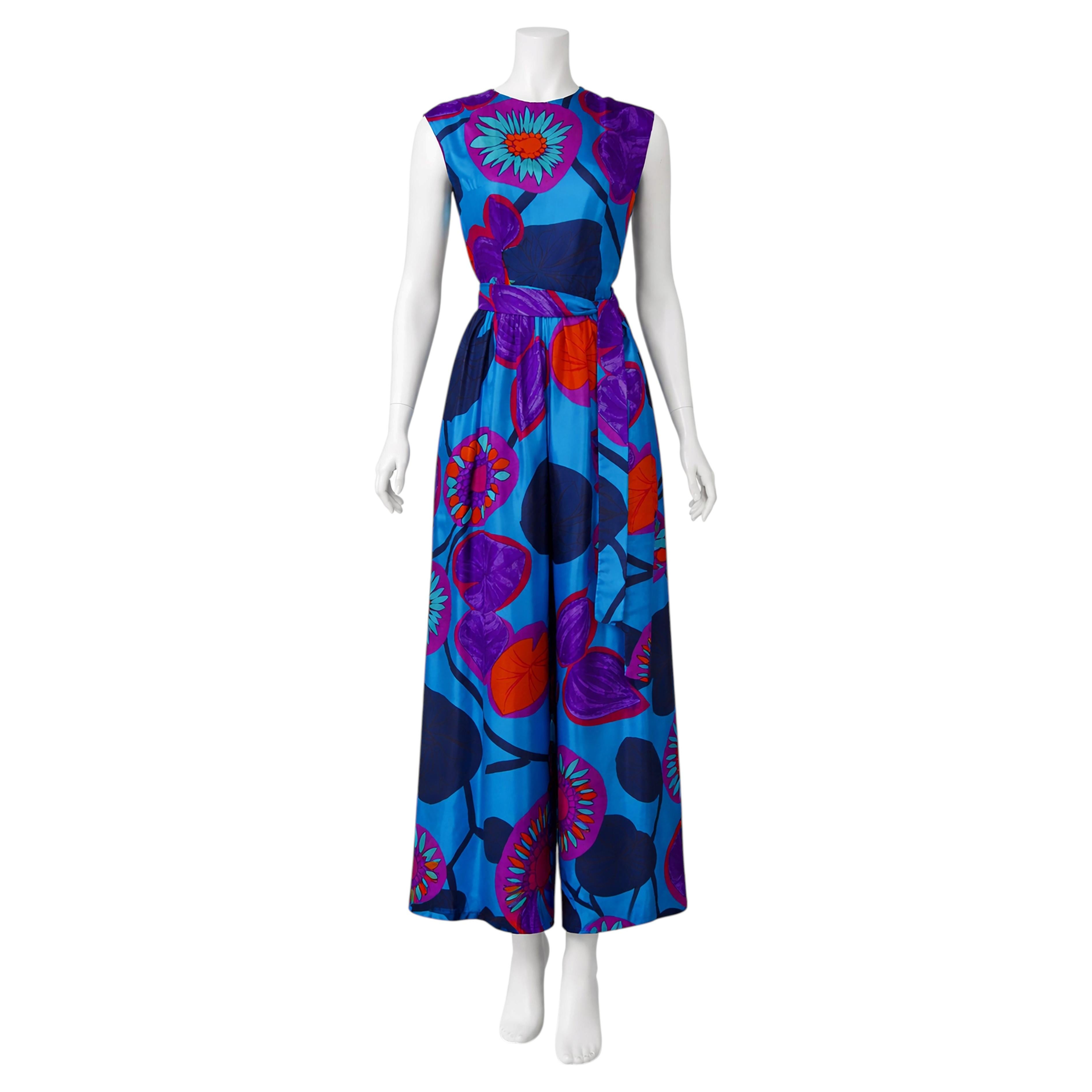 1970s Vintage Silk Floral Palazzo Jumpsuit with Belt by Don Brown