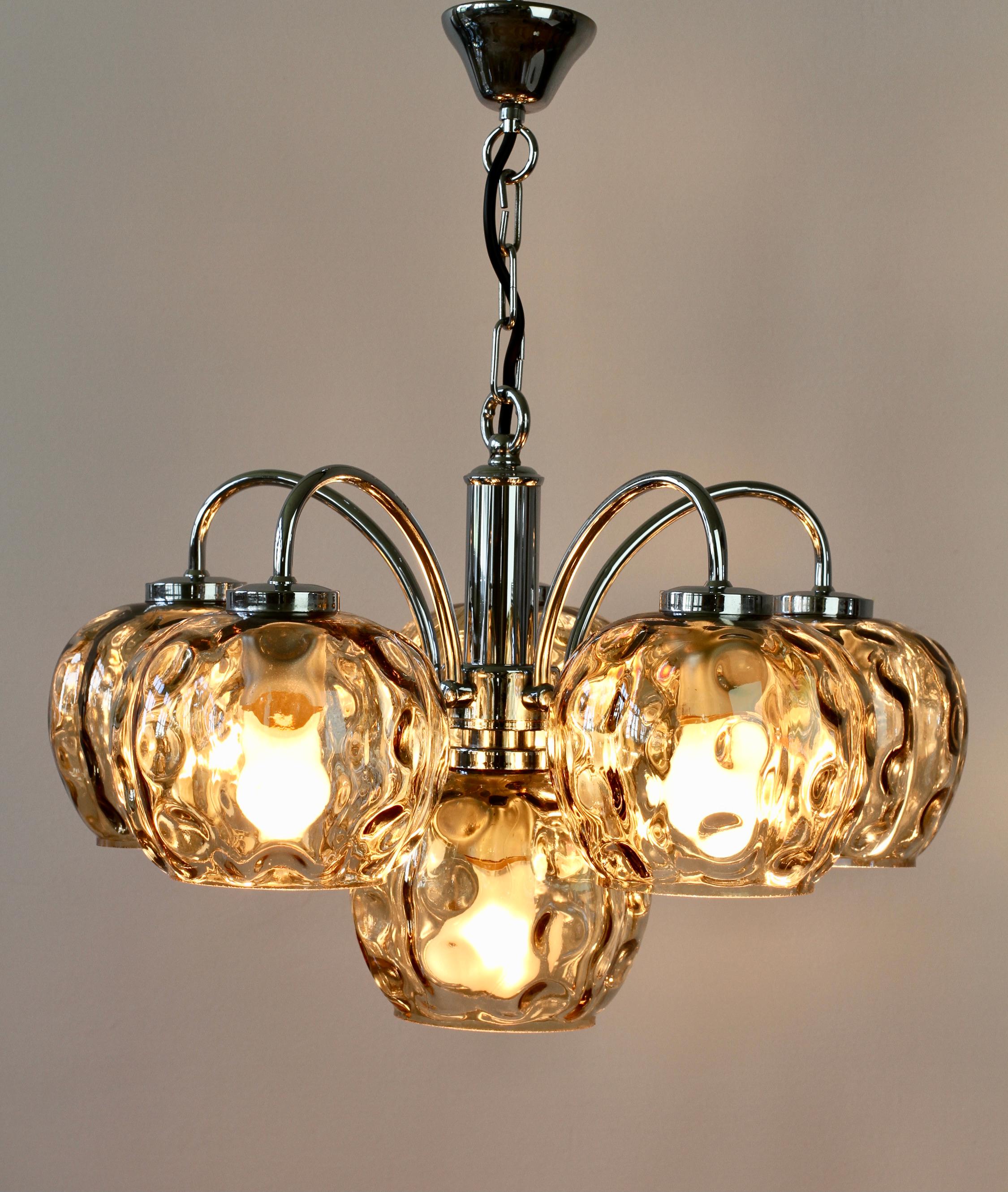 Beautiful six-arm Limburg style, German made chandelier by WoFi Leuchten, circa 1970. This elegant piece sits perfectly within the mid-century style with it's polished chrome plated metalwork and opulent glass globes. 

Requires six standard E27
