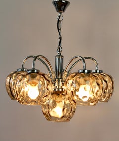 1970s Vintage Six Arm Chrome Chandelier with Smoked Toned "Bubble" Glass Shades