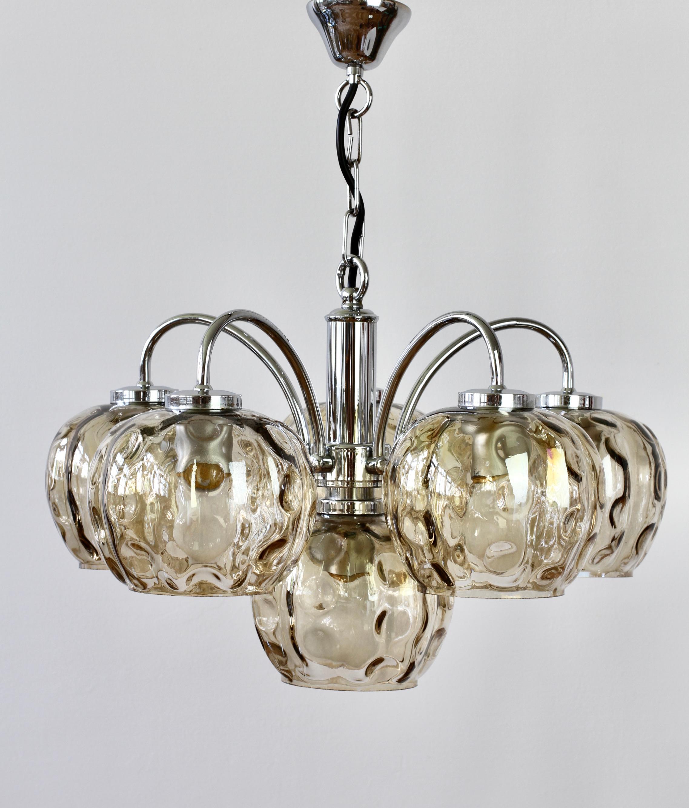 Mid-Century Modern 1970s Vintage Six Arm Chrome Chandelier with Smoked Toned 