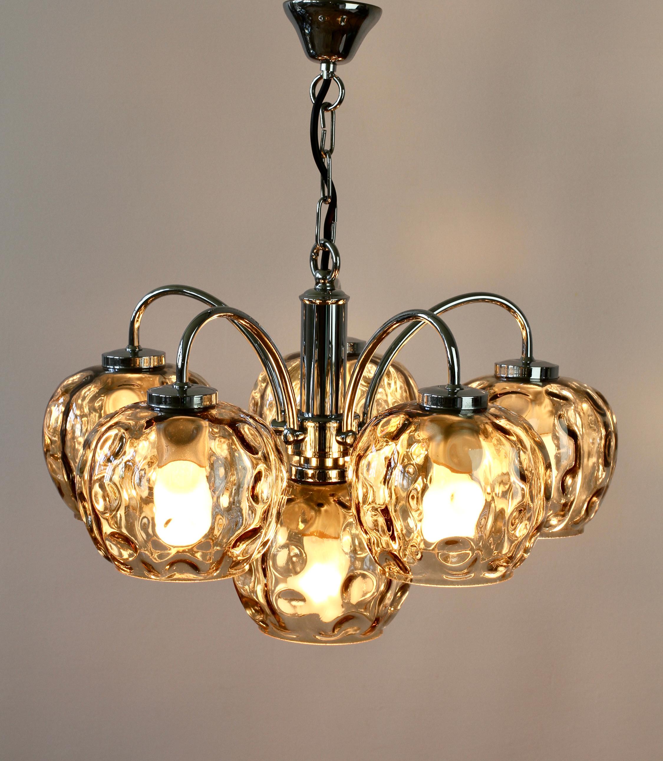 German 1970s Vintage Six Arm Chrome Chandelier with Smoked Toned 