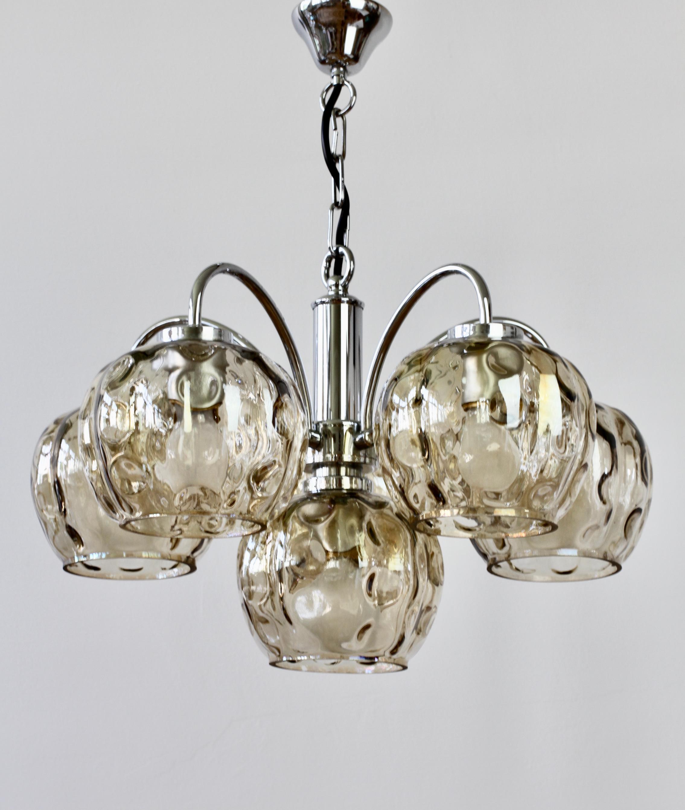 Polished 1970s Vintage Six Arm Chrome Chandelier with Smoked Toned 
