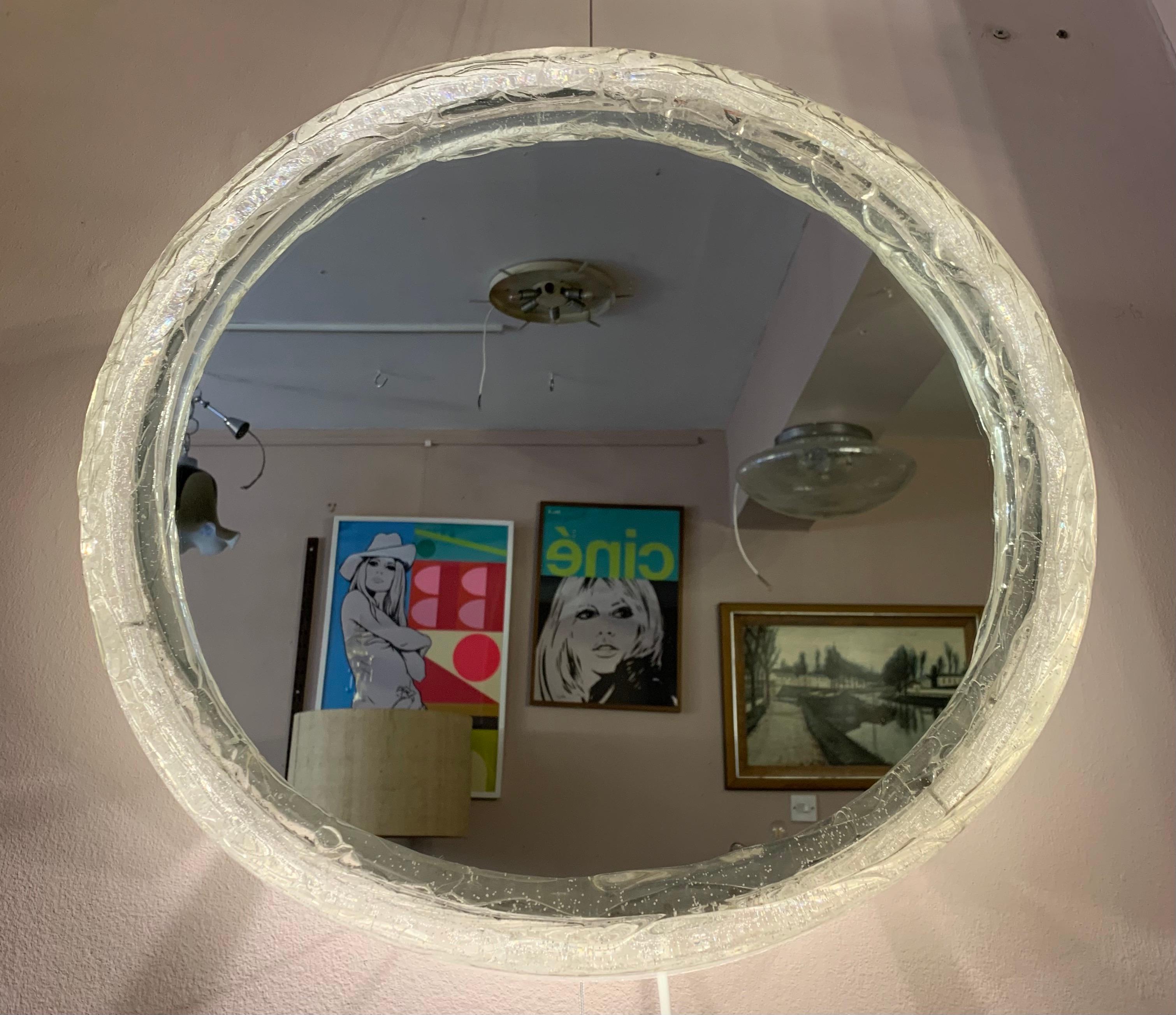 Mid-Century Modern 1970s Vintage Small German Round Lucite Iced Illuminated Wall Glass Mirror