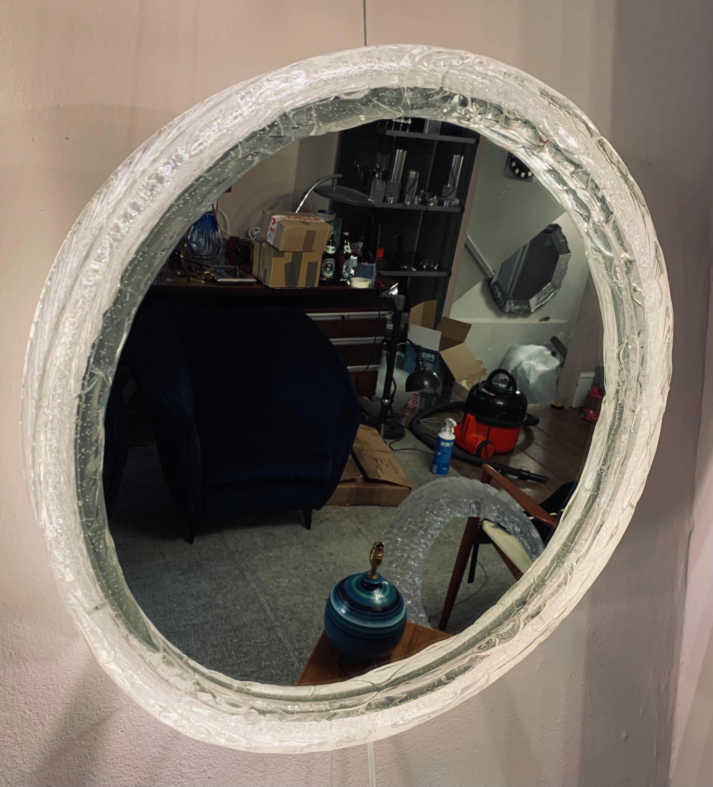 1970s Vintage Small German Round Lucite Iced Illuminated Wall Glass Mirror 1