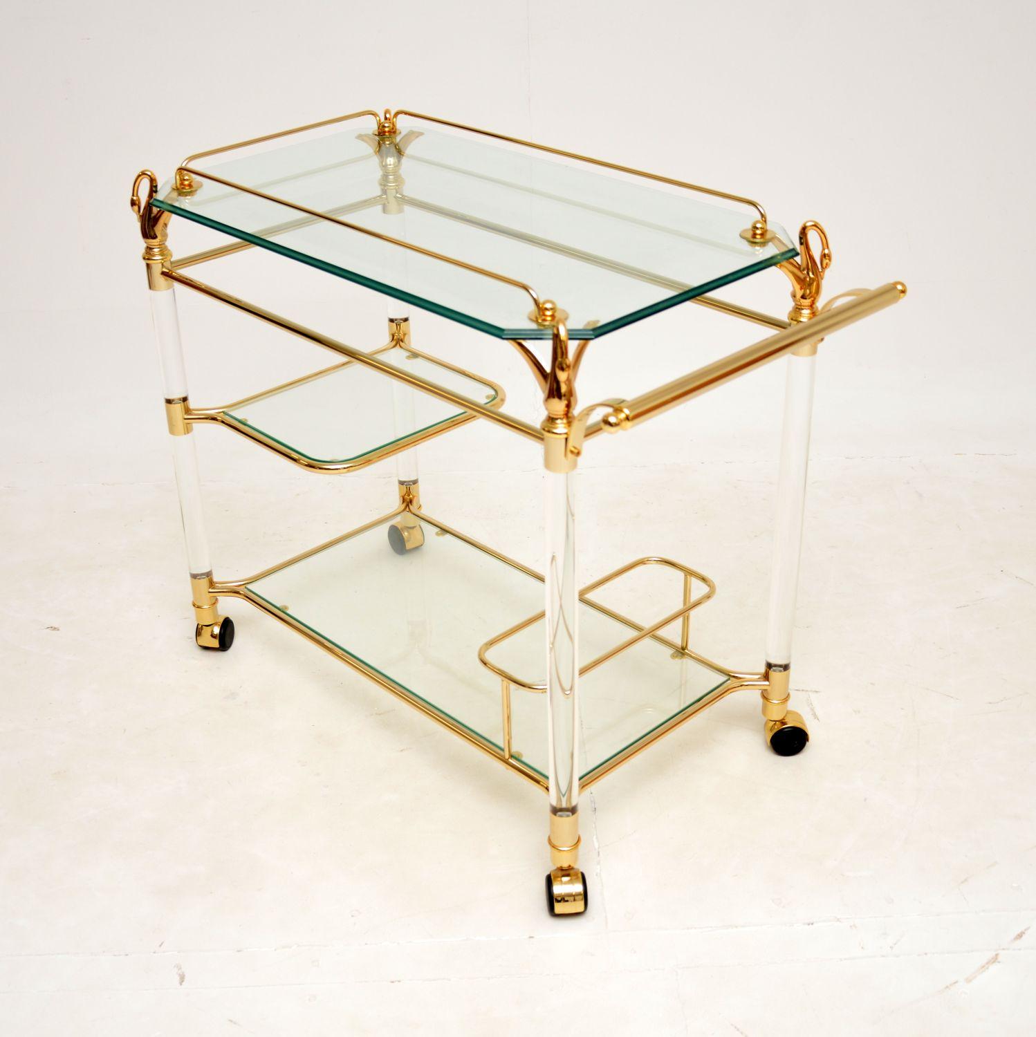 Hollywood Regency 1970s Vintage Spanish Bar Cart in Lucite & Glass