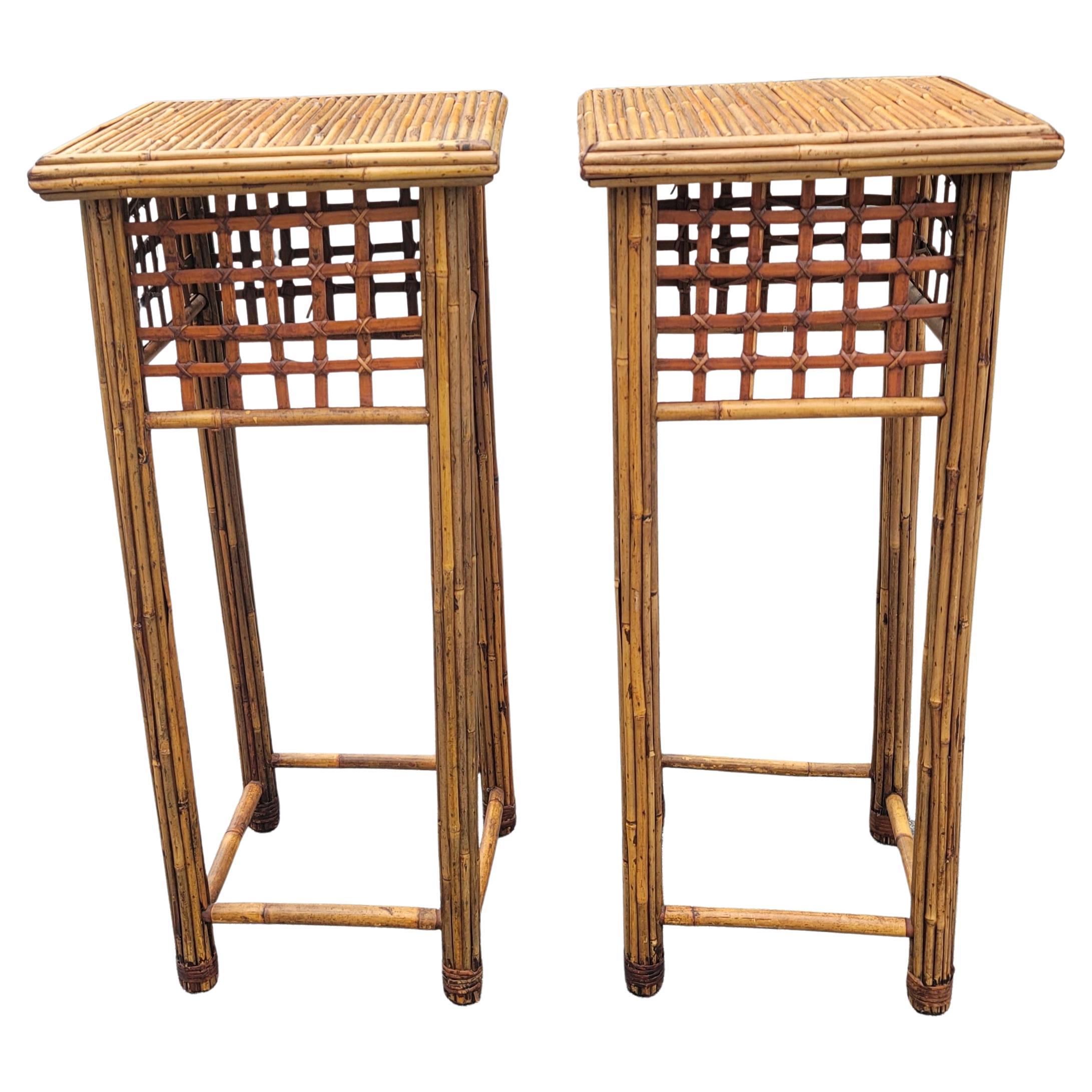 Hand-Crafted 1970s Vintage Stacked Bamboo Pedestals Plant Stands, a Pair