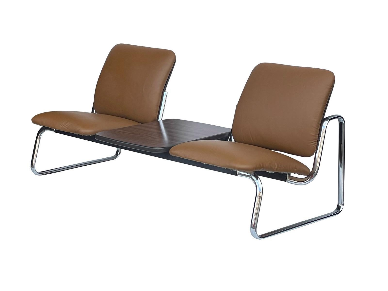 Mid-Century Modern 1970s Vintage Steel Case Herman Miller Chocolate Leather Bench & Table For Sale