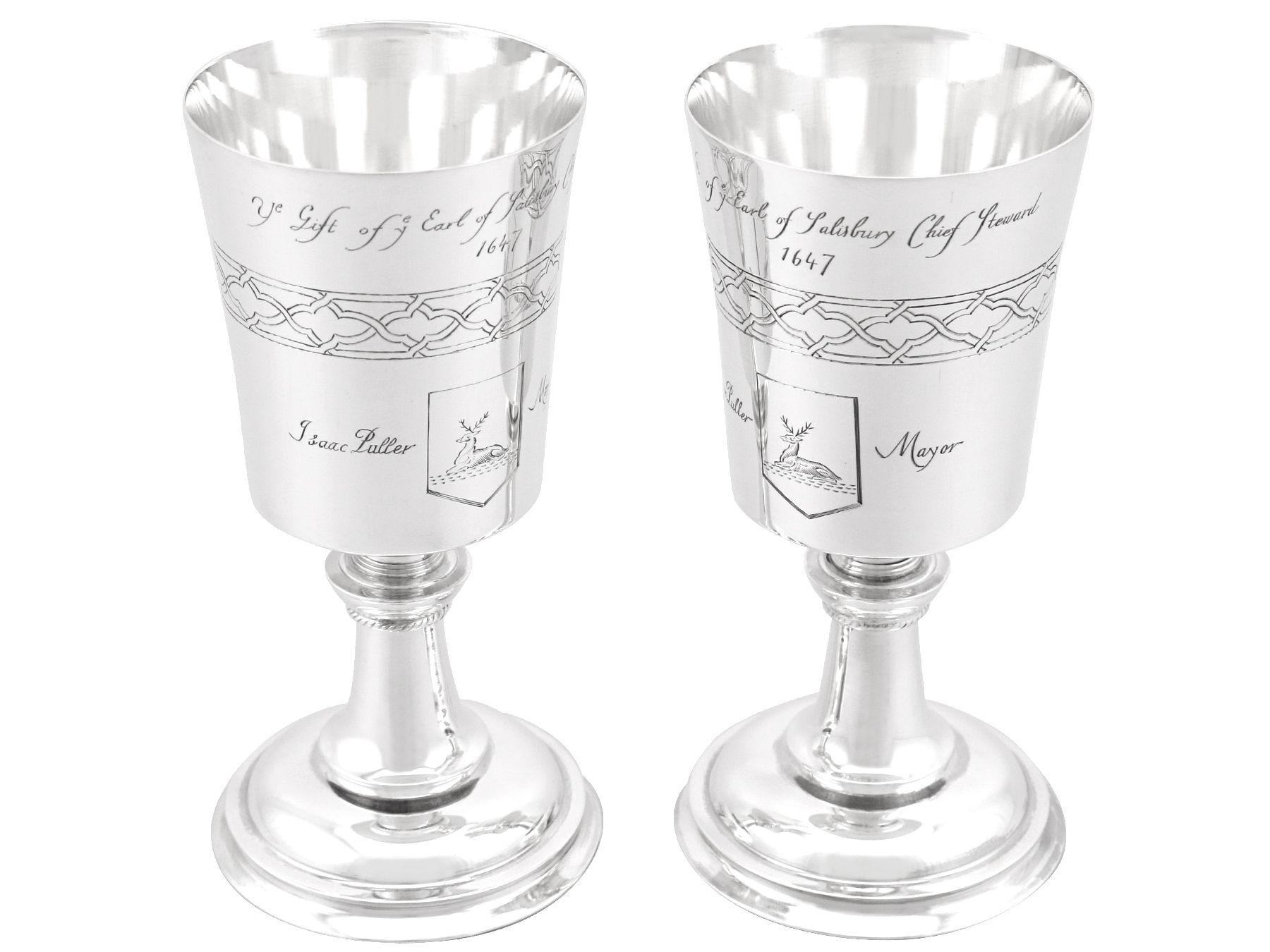 An exceptional, fine and impressive pair of vintage English sterling silver chalices; an addition to our collectable range of silverware.

These exceptional vintage sterling silver chalices have been modelled in the form of 17th century