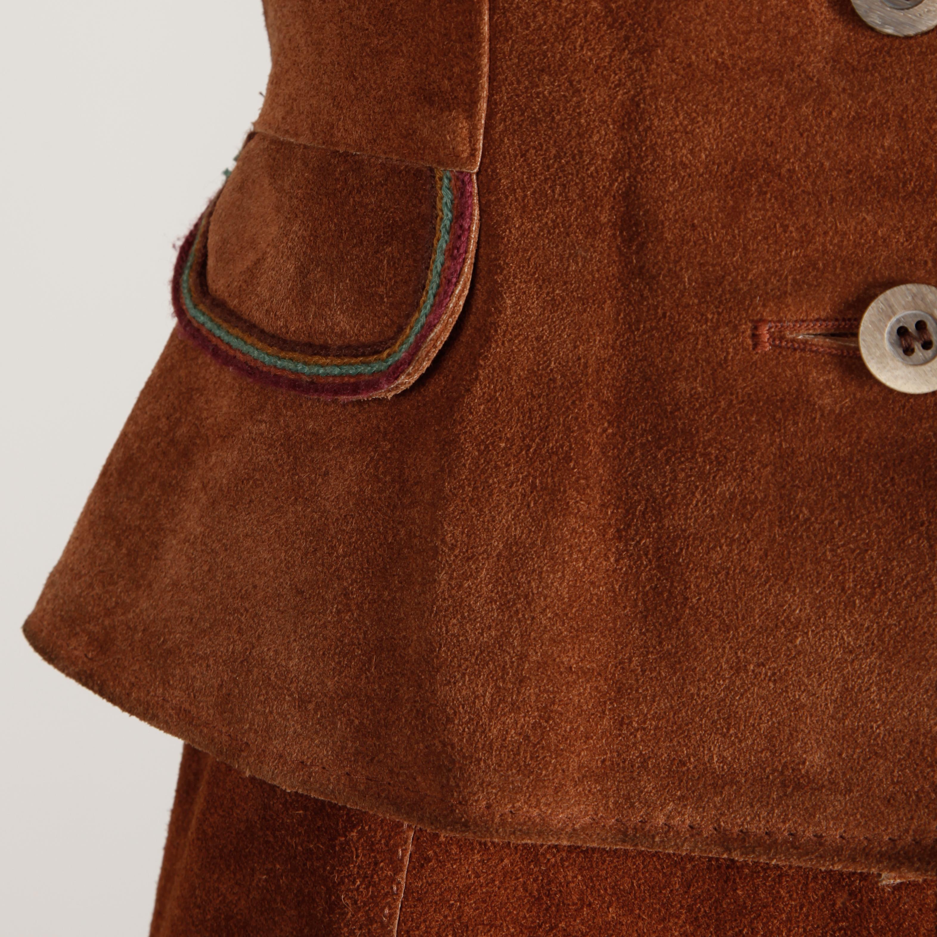 1970s Vintage Suede Leather Jacket + Skirt Ensemble For Sale 6