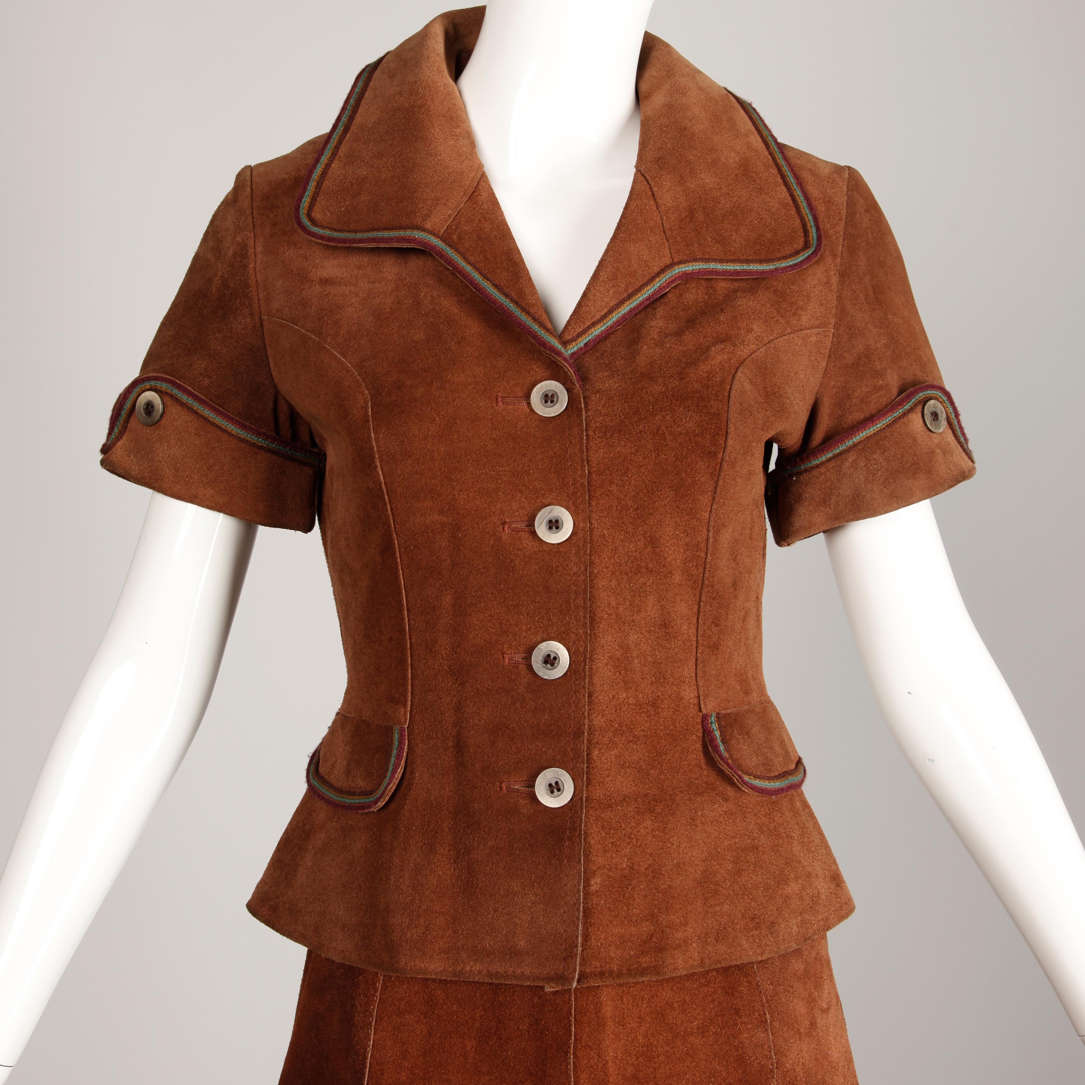 Women's 1970s Vintage Suede Leather Jacket + Skirt Ensemble For Sale