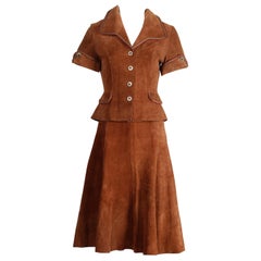 1970s Vintage Suede Leather Jacket + Skirt Ensemble