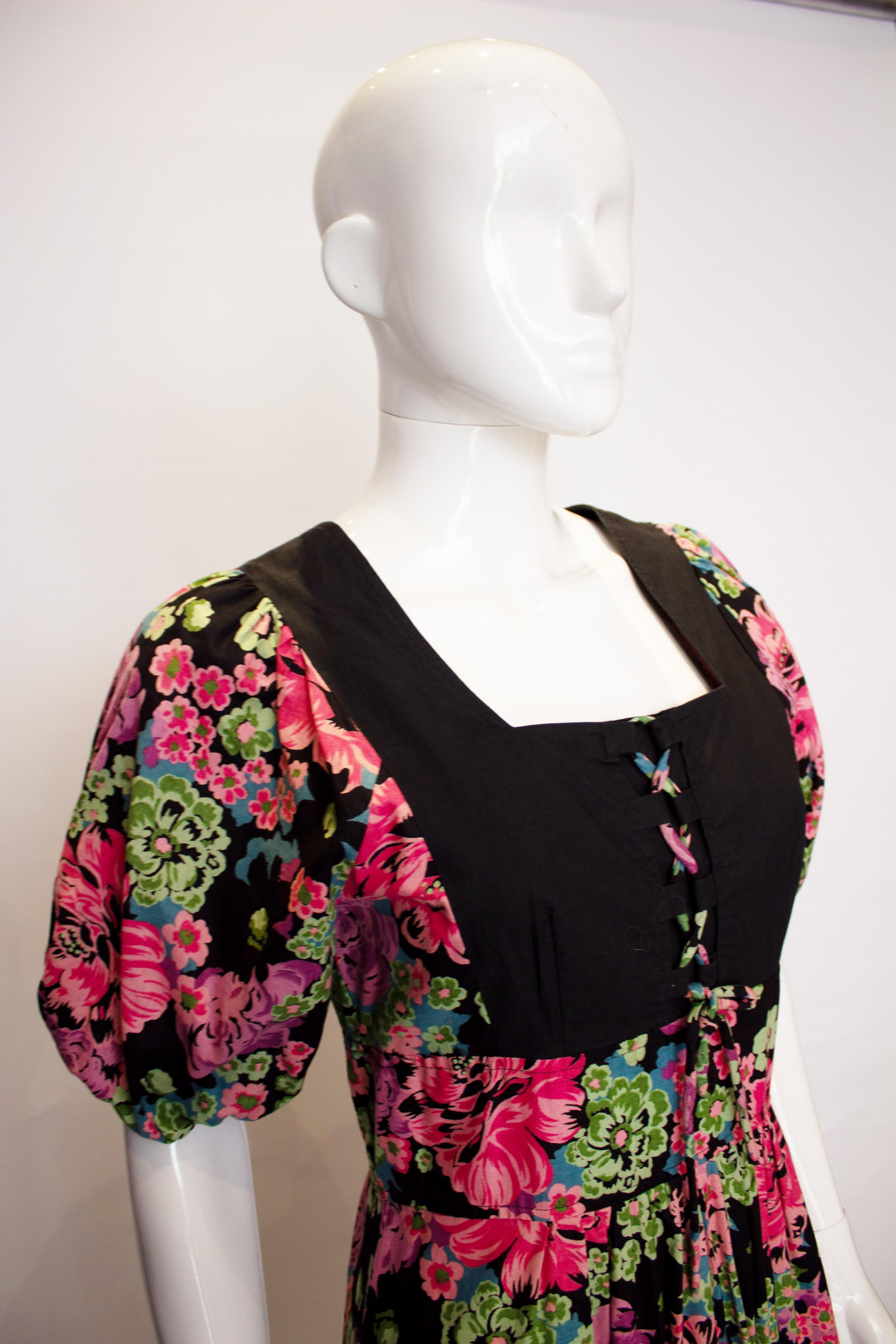Black 1970s Vintage Susie G Floral Cotton Dress For Sale