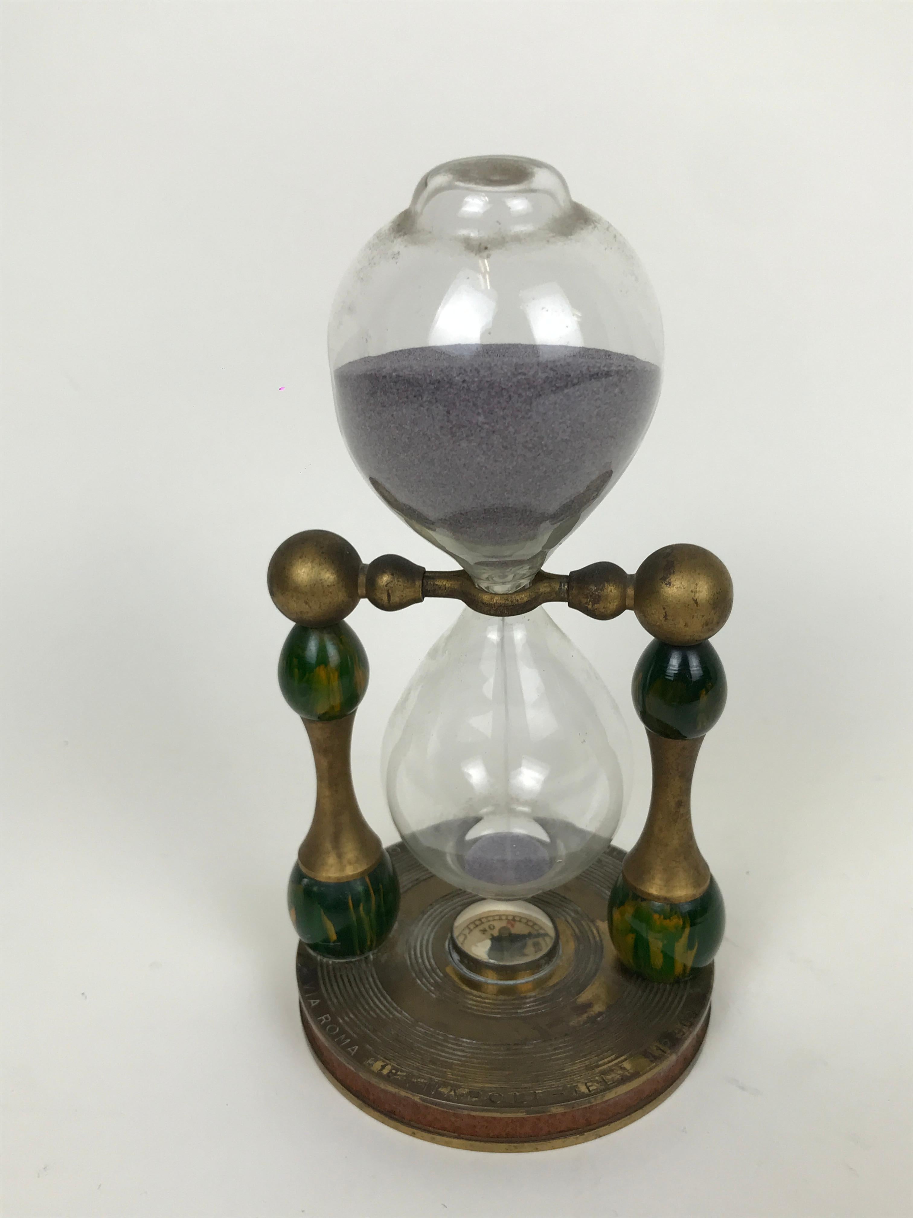 Mid-Century Modern 1970s Vintage Thirty Minutes Metal Hourglass with Small Compass Made in Italy For Sale