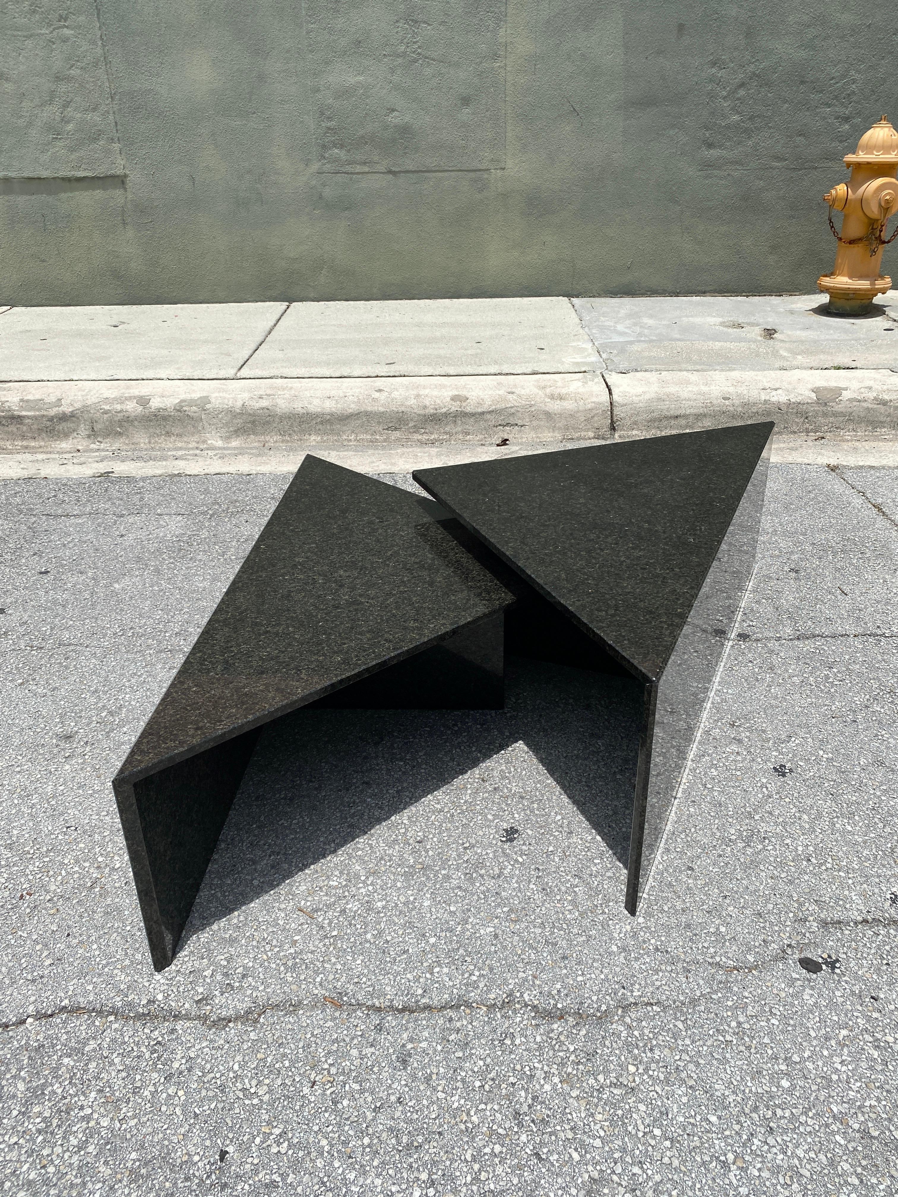 Post-Modern 1970s Vintage Tiered Triangle Post Black Granite Coffee Table, 2 Pieces For Sale