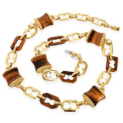 1970s Vintage Tiger's Eye 18K Gold Barrel Link Long Necklace