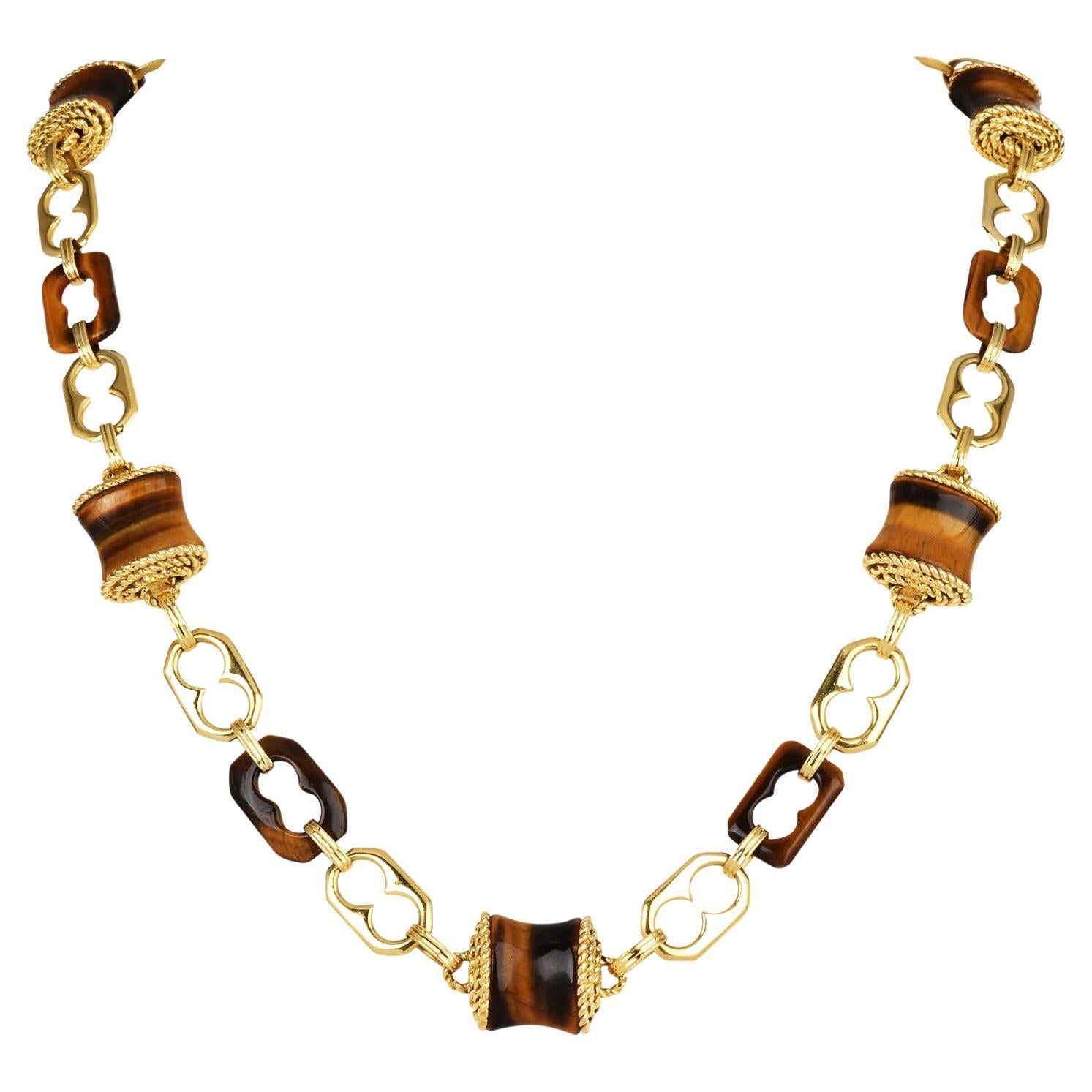 1970 Vintage Tiger's Eye 18K Gold Barrel Link Long Necklace