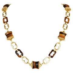 1970s Vintage Tiger's Eye 18K Gold Barrel Link Long Necklace