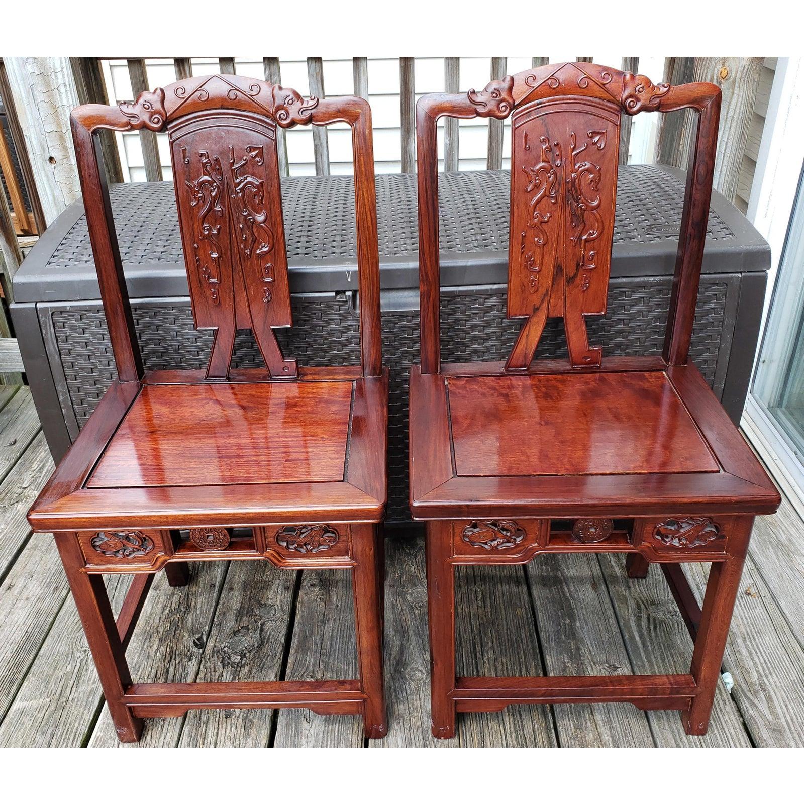1970s Vintage Traditional Chinese Hand Carved Solid Rosewood Chairs, a Pair For Sale 2