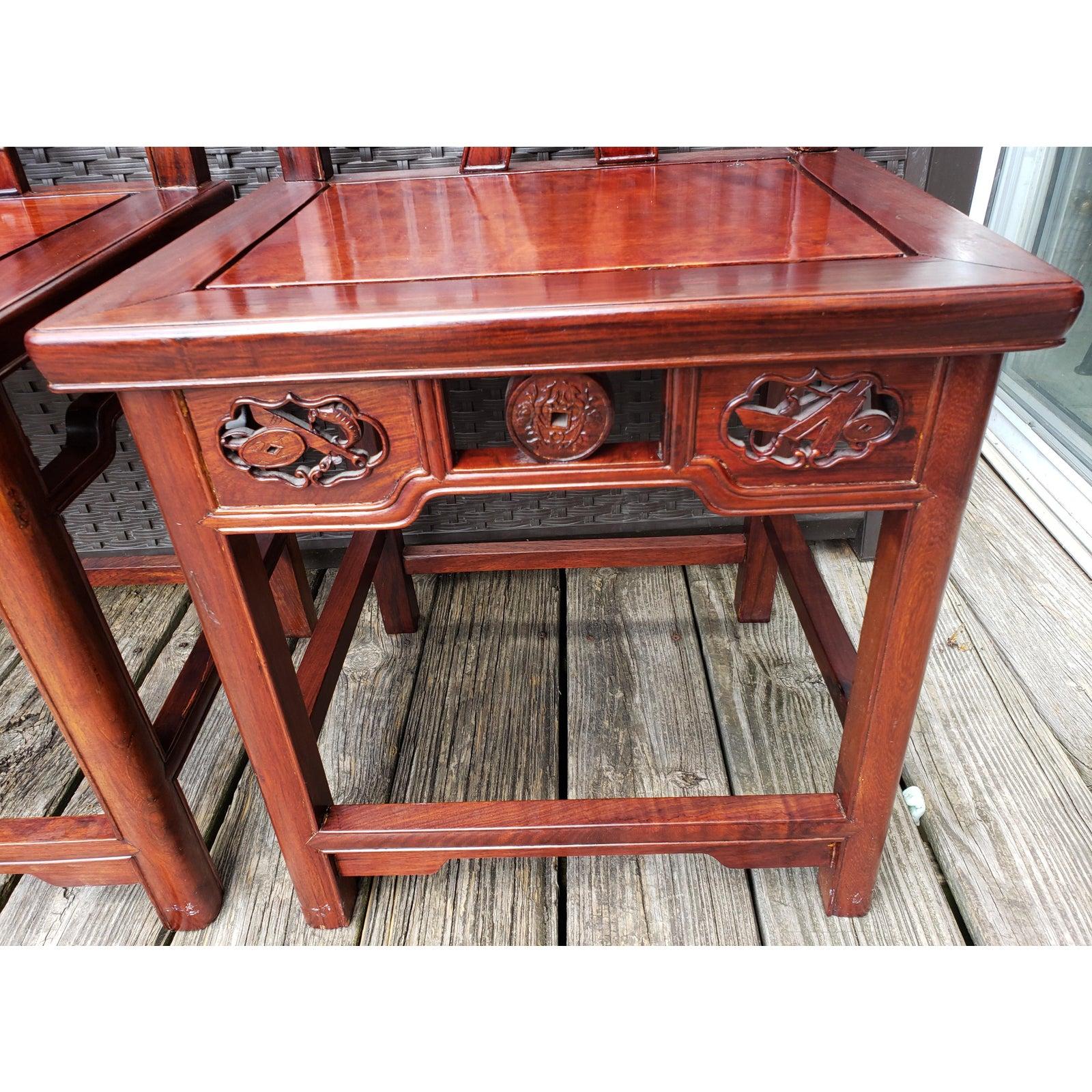 Tang 1970s Vintage Traditional Chinese Hand Carved Solid Rosewood Chairs, a Pair For Sale