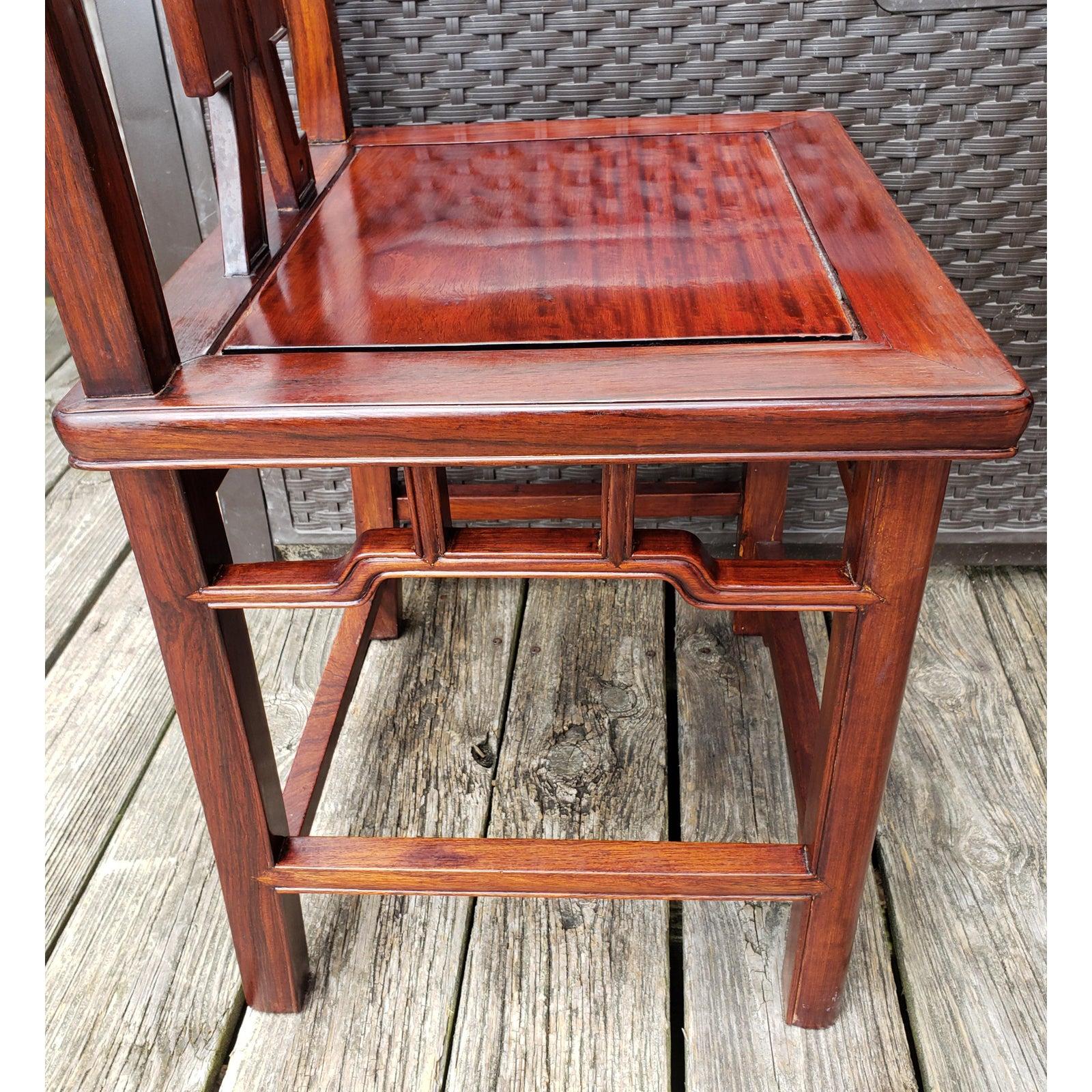 Woodwork 1970s Vintage Traditional Chinese Hand Carved Solid Rosewood Chairs, a Pair For Sale