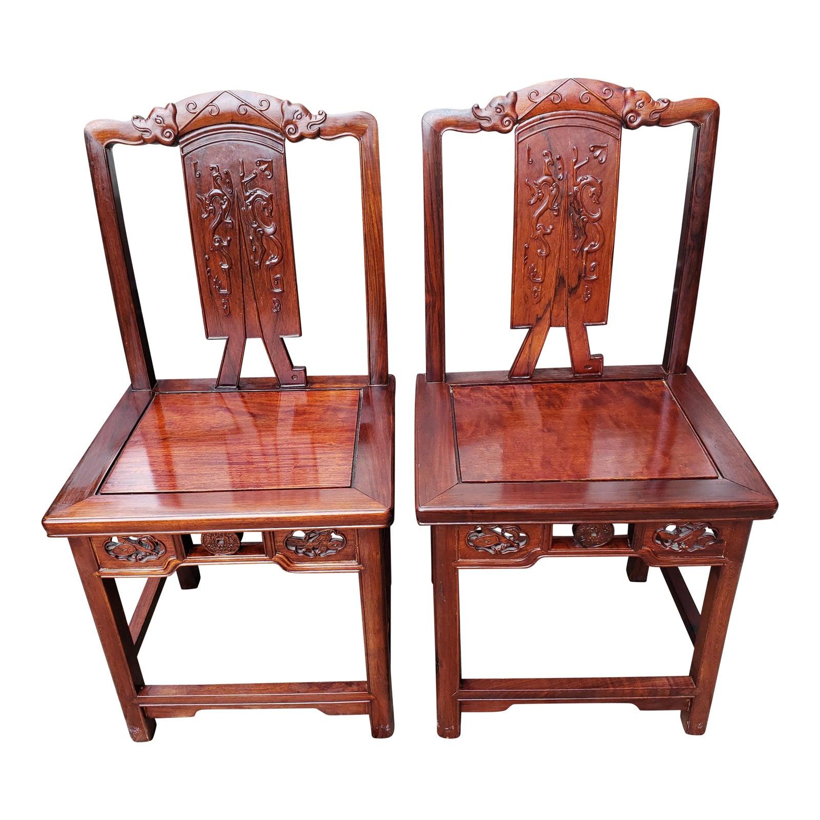 1970s Vintage Traditional Chinese Hand Carved Solid Rosewood Chairs, a Pair For Sale