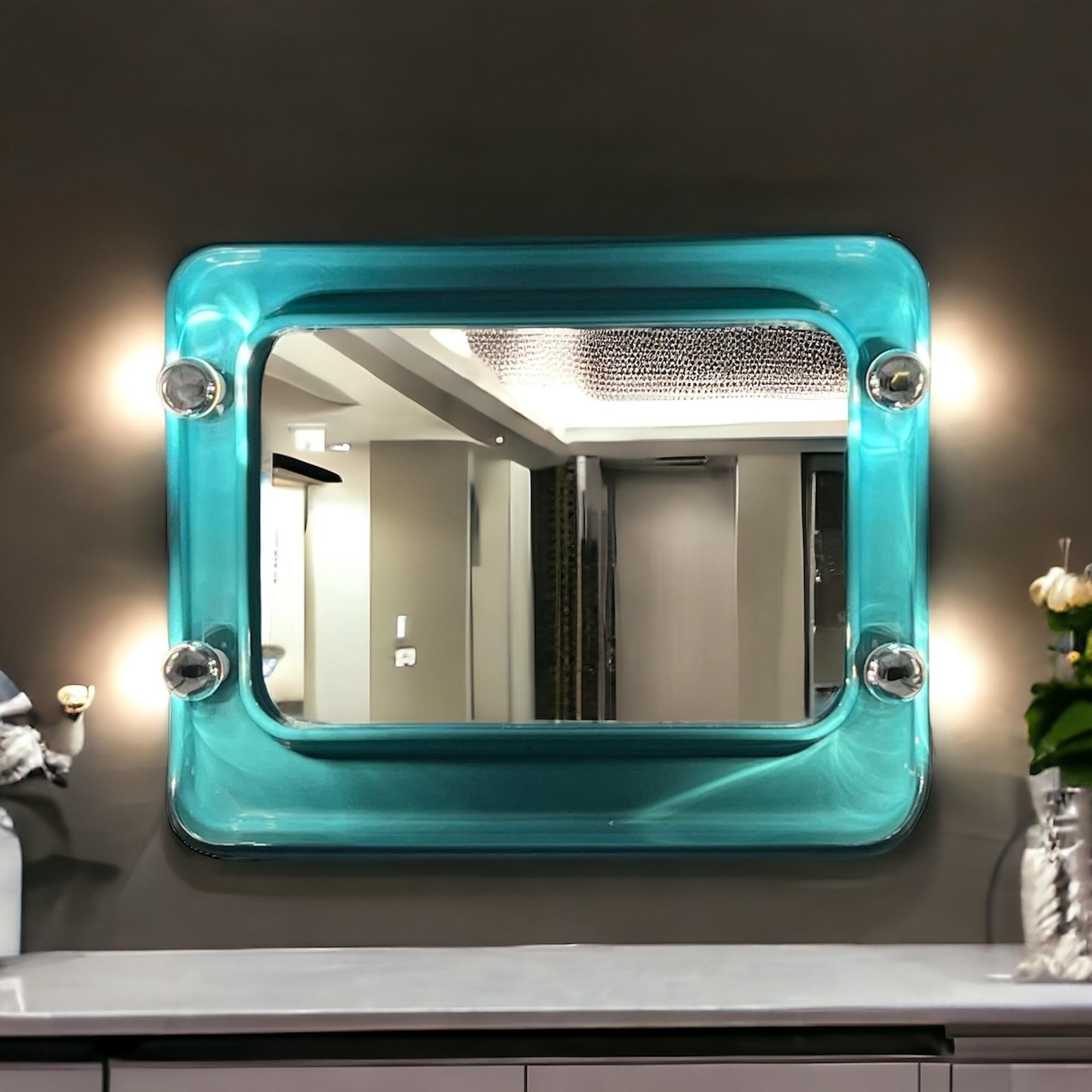 1970s Vintage Turquoise Wall Mirror in Moulded Plastic with Built-In ...