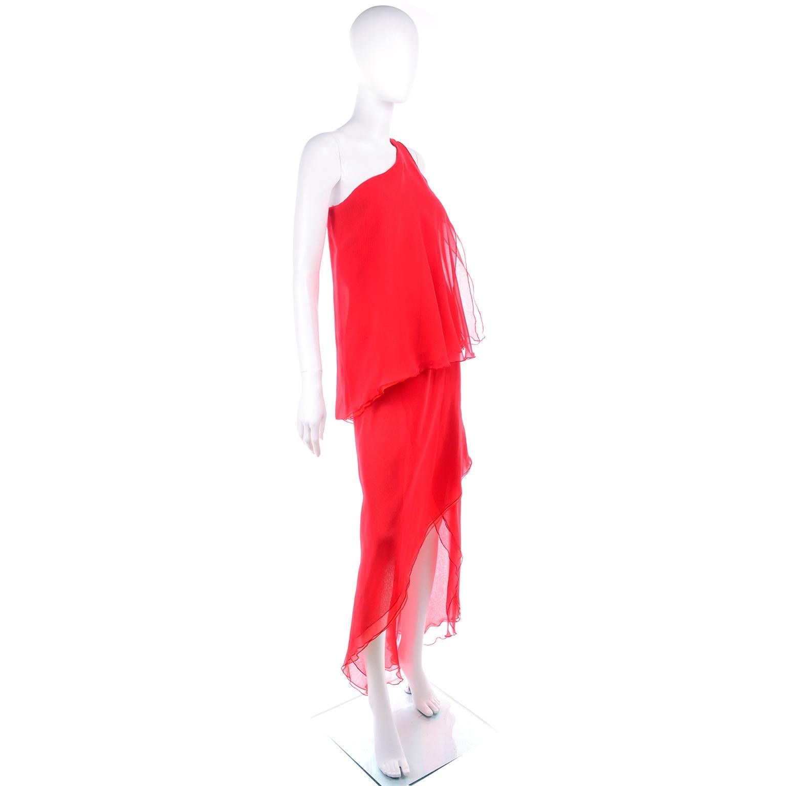 Women's 1970s Vintage Victor Costa Tomato Red Chiffon One Shoulder Evening Dress