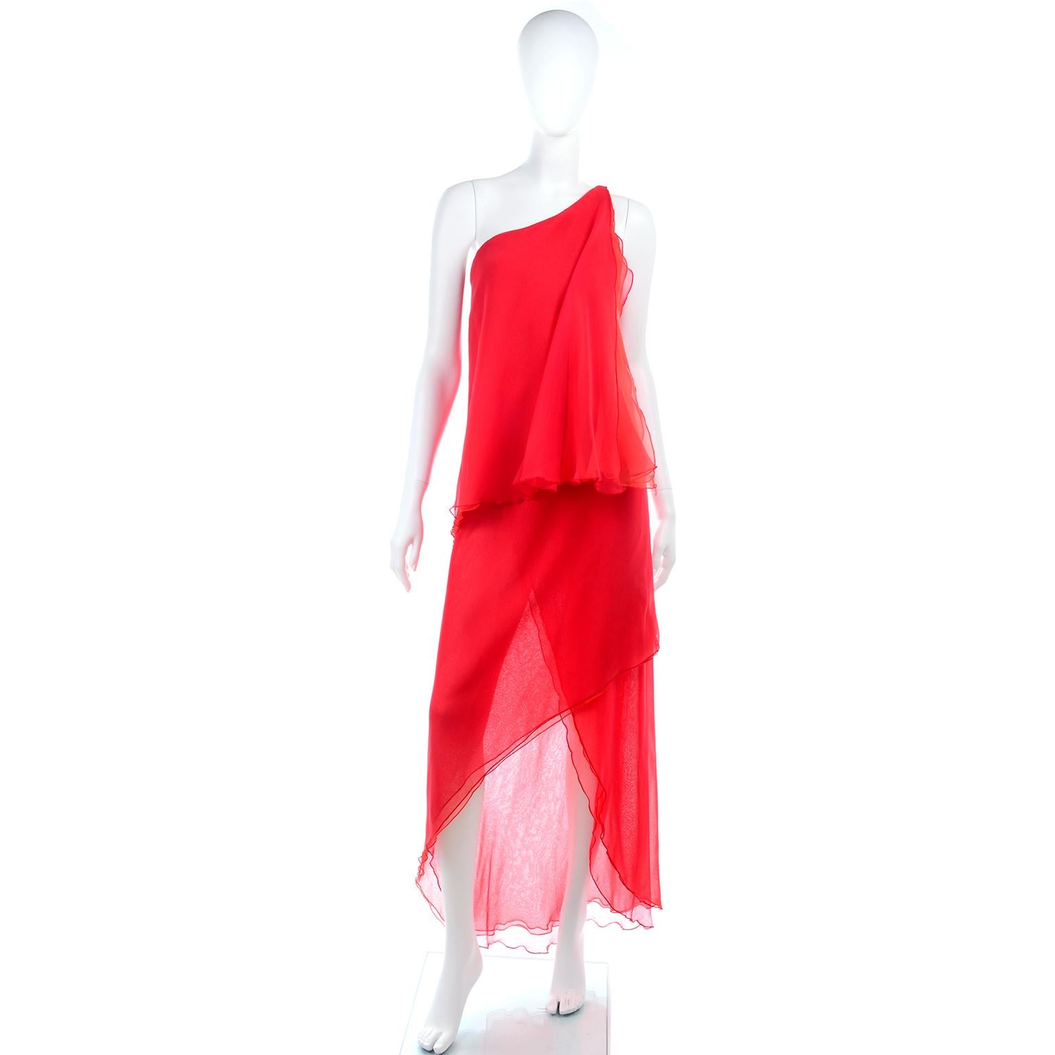 1970s Vintage Victor Costa Tomato Red Chiffon One Shoulder Evening Dress 1