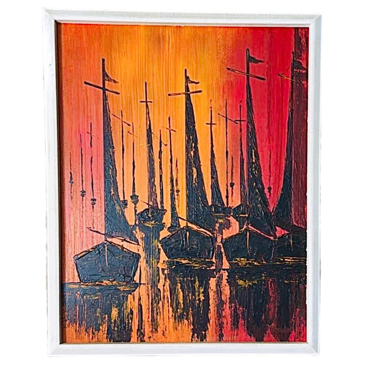 1970er Vintage W. Kwan Mid Century Modern Feurig Orange Abstrakt Sonnenuntergang Segelboote Nautisch Ölgemälde Gerahmt

Wunderschön, stilisiert, abstrakt, gerahmt, Öl
Gemälde auf Leinwand von W.Kwan 

Ein kräftiger, feuriger Hintergrund in Rot,