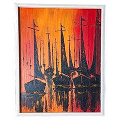 1970s Vintage W. Kwan Mid Century Modern Fiery Sailboats Nautical Oil Painting