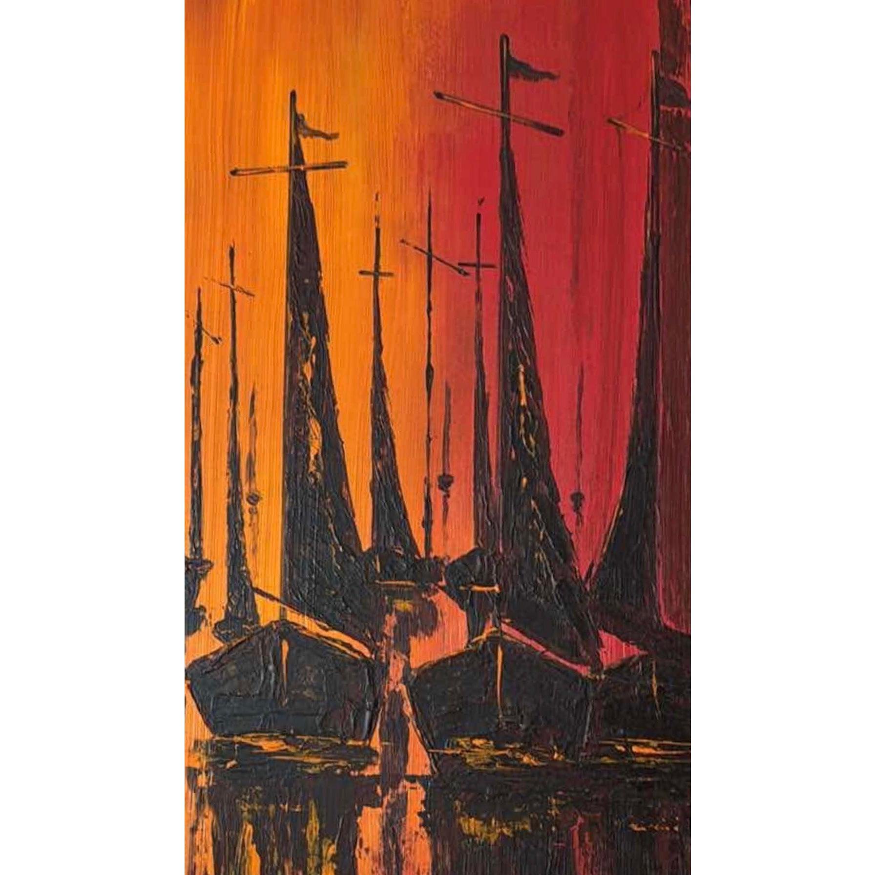 Nautisches Ölgemälde, W. Kwan Fiery Segelboote, Mid-Century Modern, 1970er Jahre, Vintage (Moderne der Mitte des Jahrhunderts) im Angebot