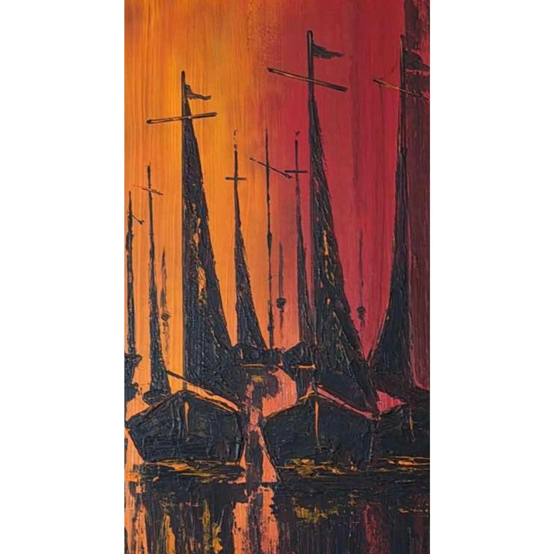 Nautisches Ölgemälde, W. Kwan Fiery Segelboote, Mid-Century Modern, 1970er Jahre, Vintage (amerikanisch) im Angebot