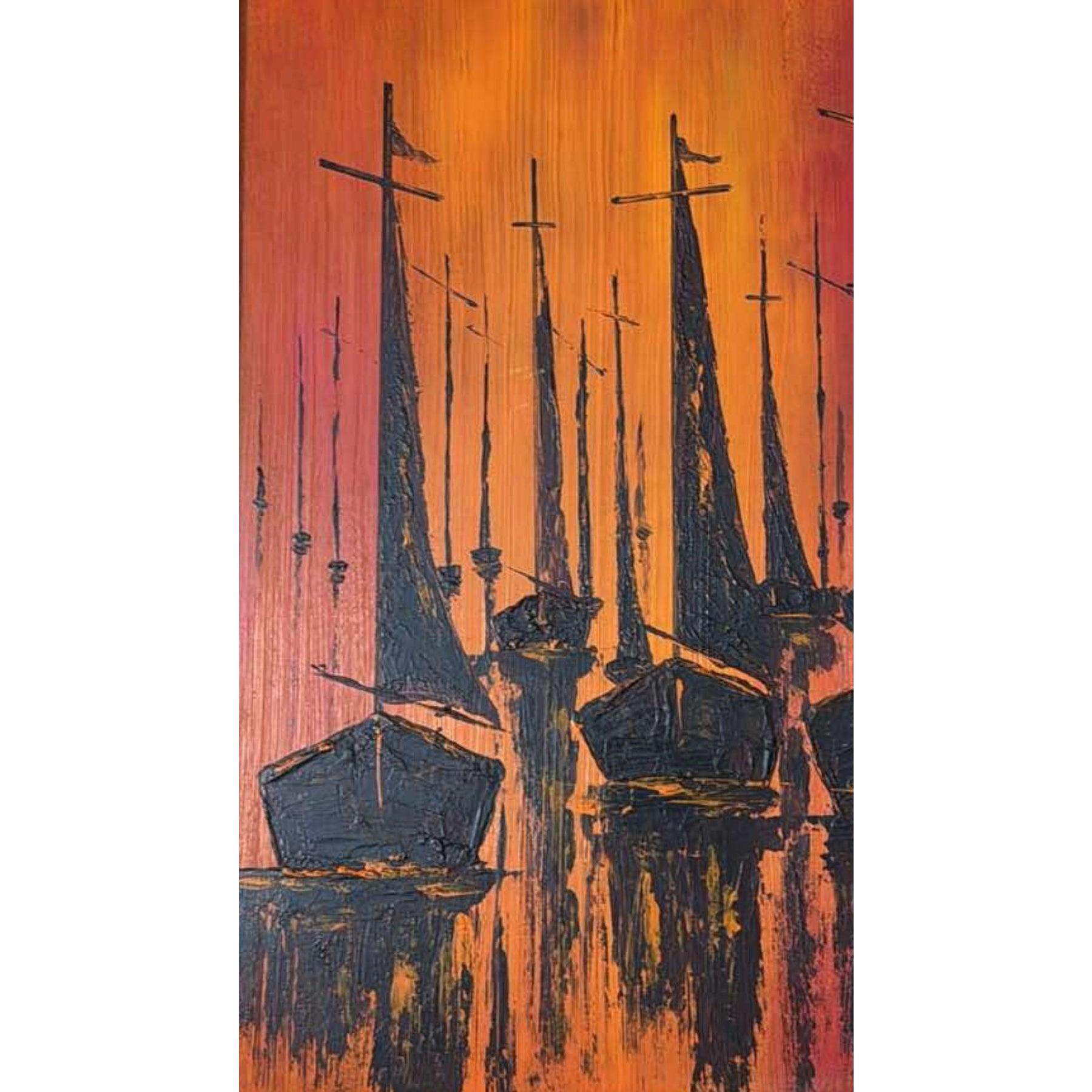 Nautisches Ölgemälde, W. Kwan Fiery Segelboote, Mid-Century Modern, 1970er Jahre, Vintage im Zustand „Gut“ im Angebot in St.Petersburg, FL