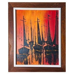 1970s Vintage W. Kwan Mid Century Modern Fiery Sailboats Nautical Oil Painting