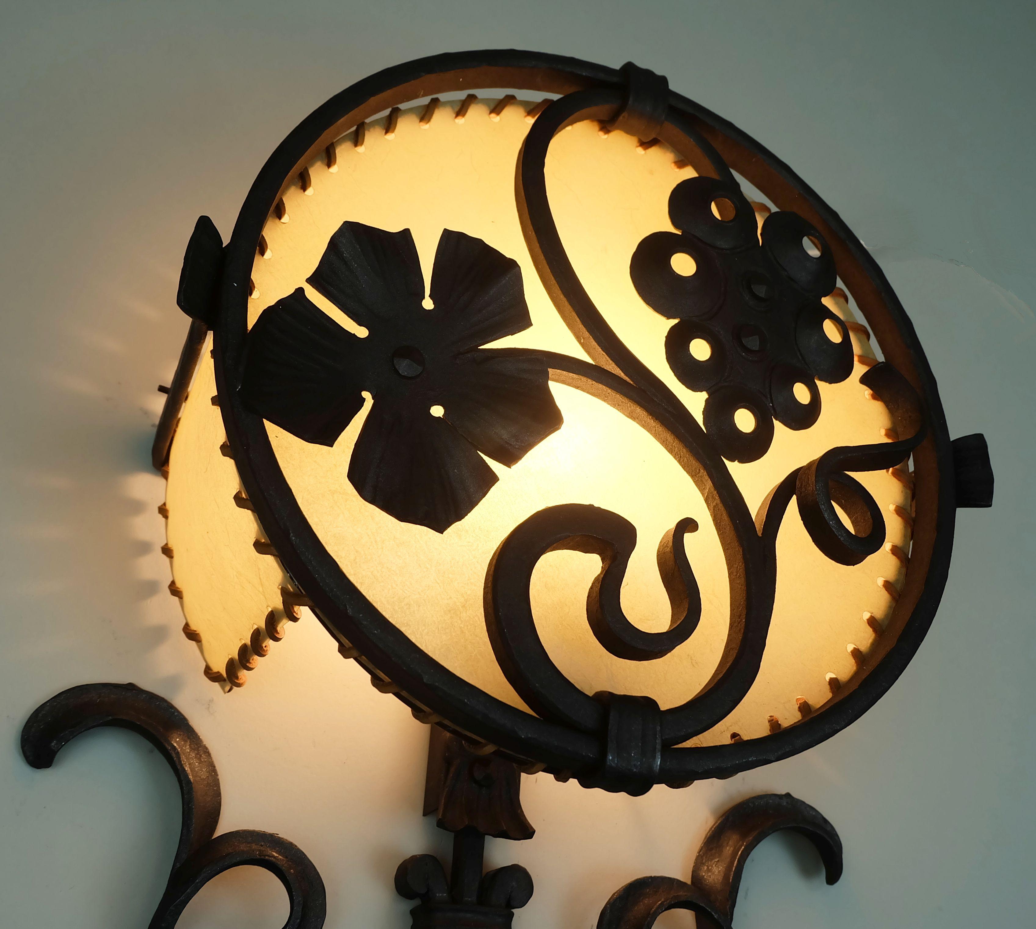 1970s vintage WALL LAMP wrought iron and parchment koch & sons brutalist rustic For Sale 3